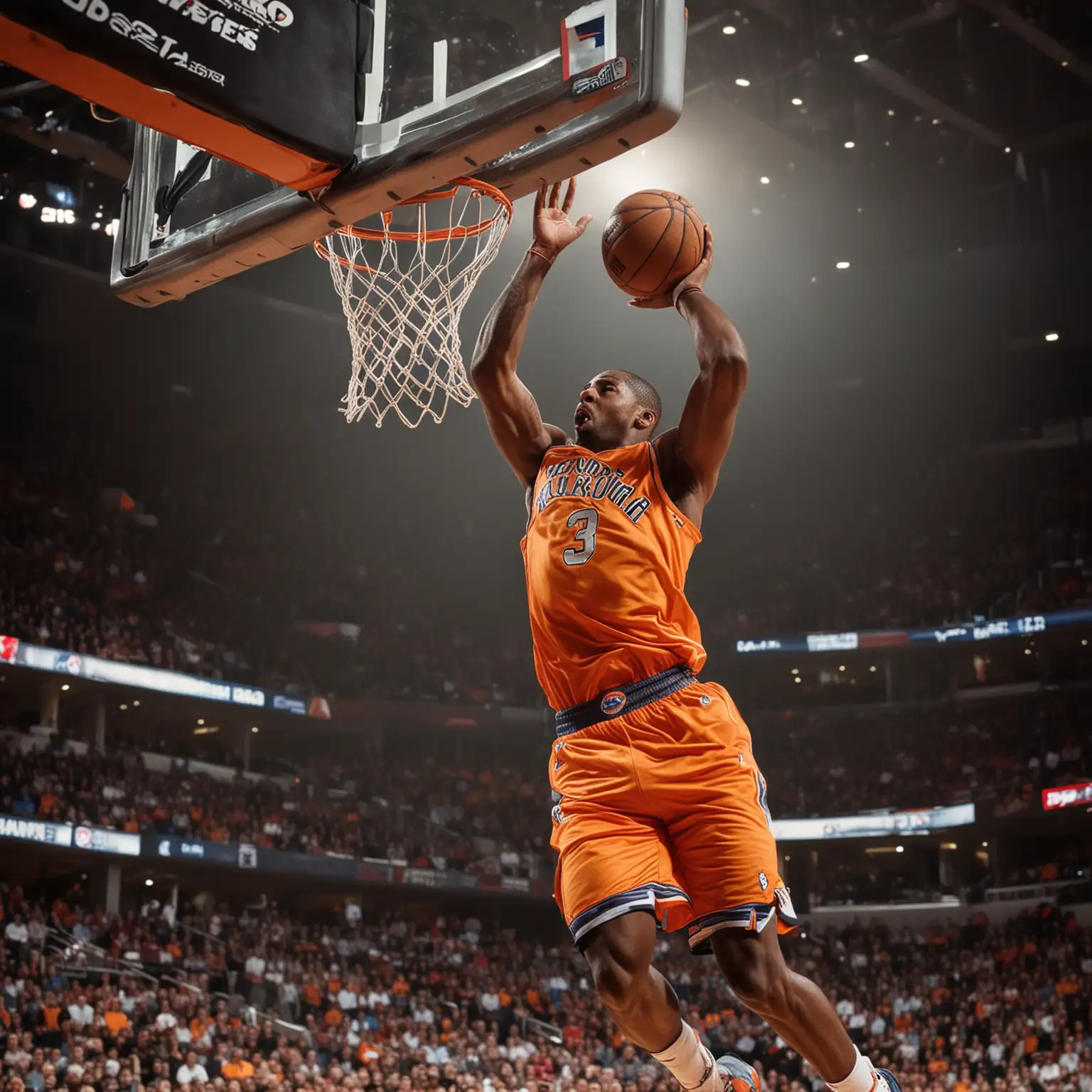 NBA Basketball Player Orange Jersey Slam Dunk Action Shot
