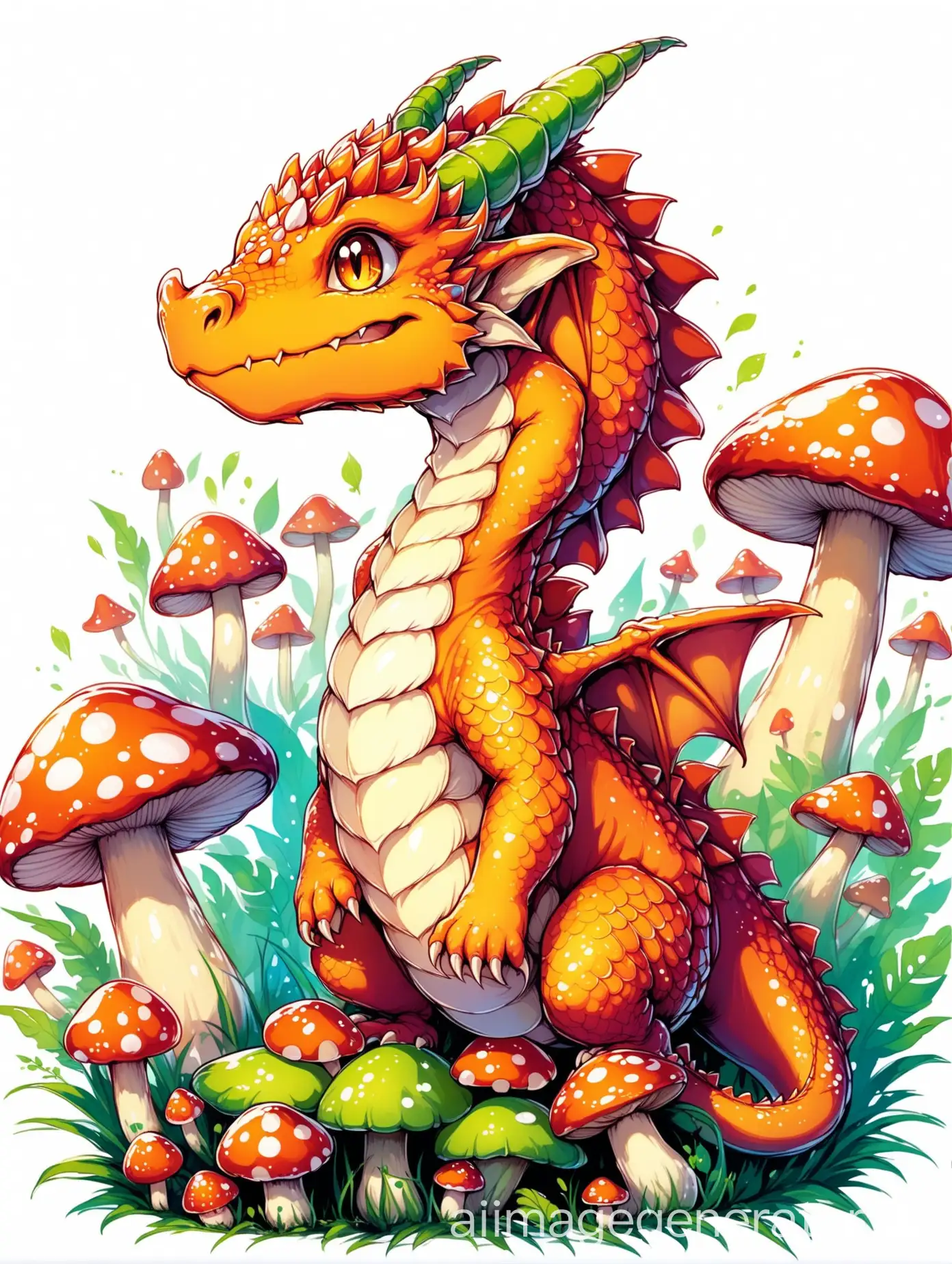 small dragon next to mushrooms, colorful drawing on white background, high quality
