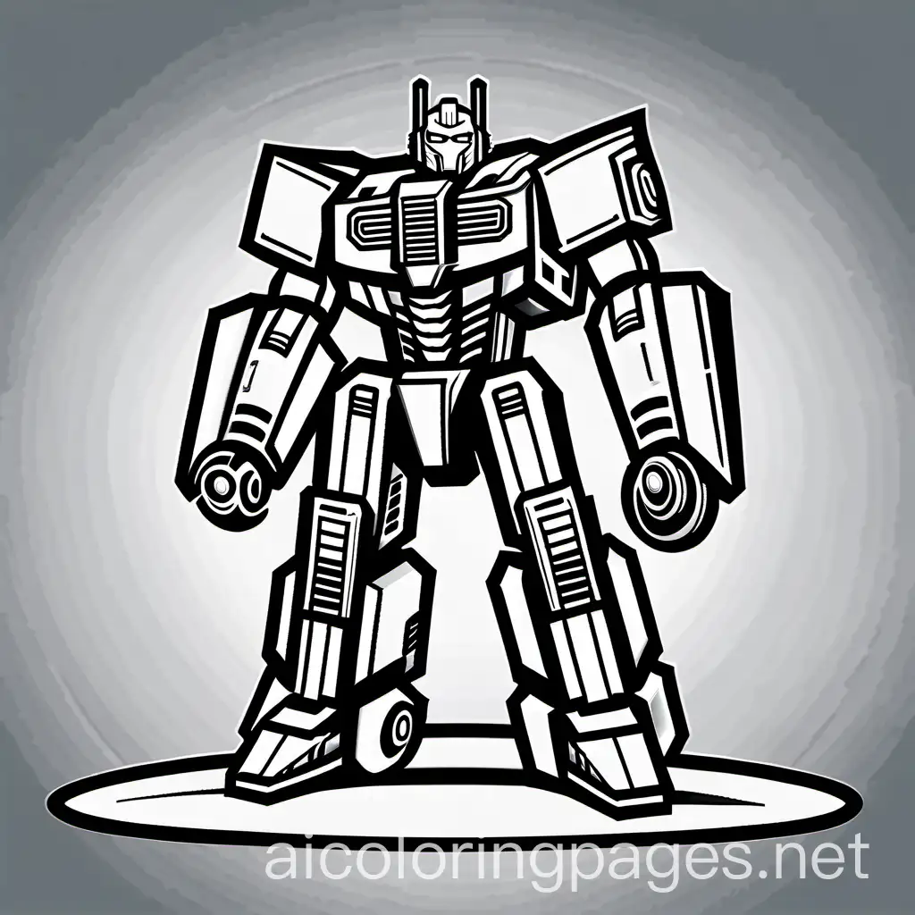 transformer robots, Coloring Page, black and white, line art, white background, Simplicity, Ample White Space. The background of the coloring page is plain white to make it easy for young children to color within the lines. The outlines of all the subjects are easy to distinguish, making it simple for kids to color without too much difficulty