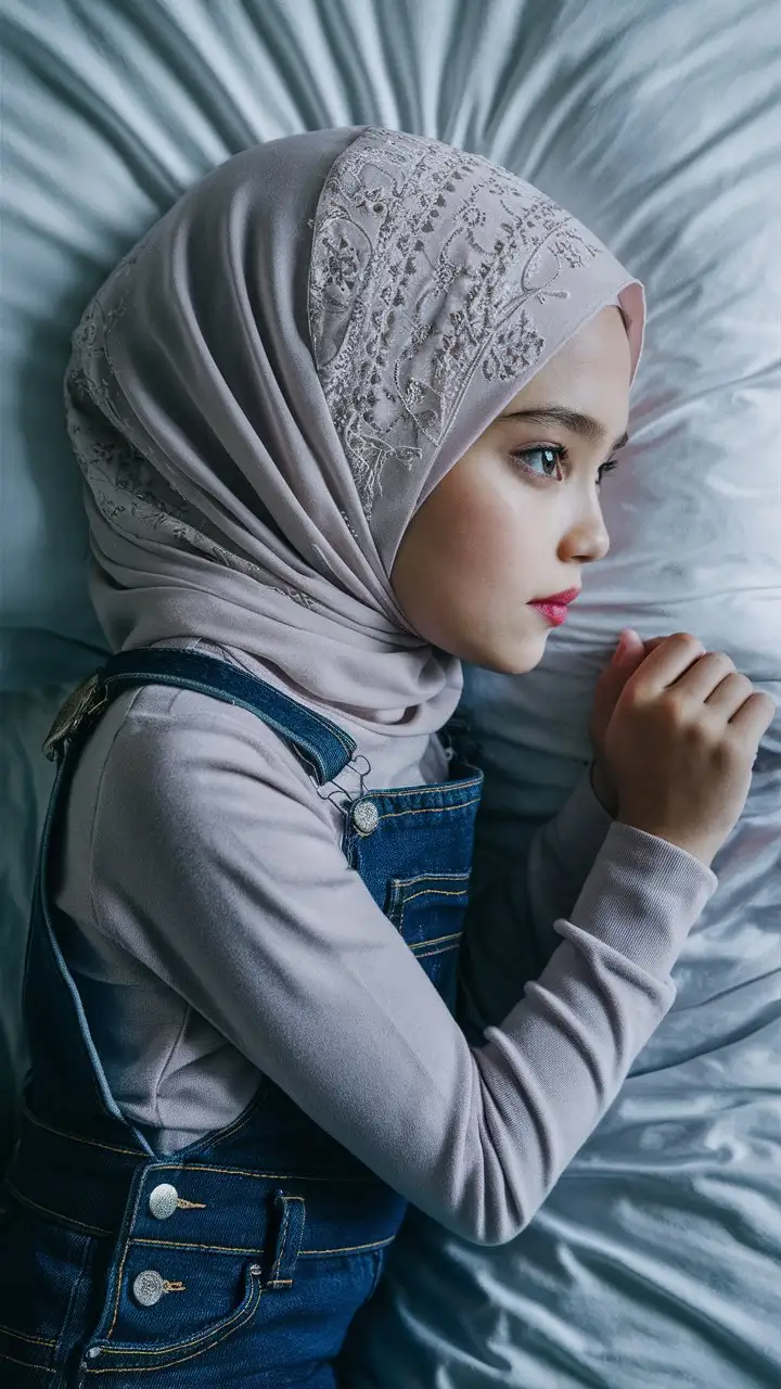 A innocent girl.  14 years old. She wears a hijab, jean overalls,
She is beautiful. She lie face down on the bed.
Side eye view, petite, plump lips.  Elegant, pretty, pink lips