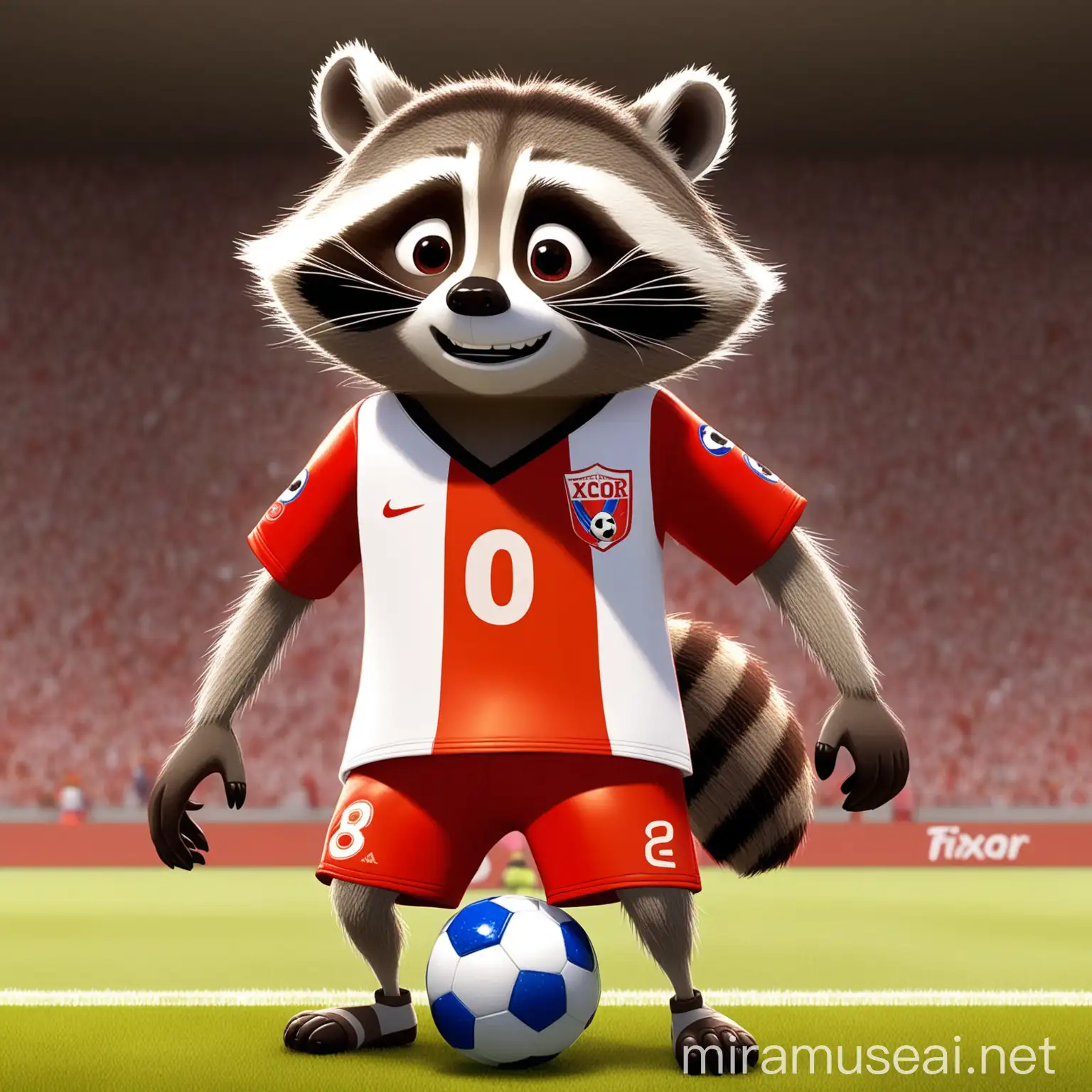 Raccoon Playing Soccer in a Pixaresque RedandWhite Setting