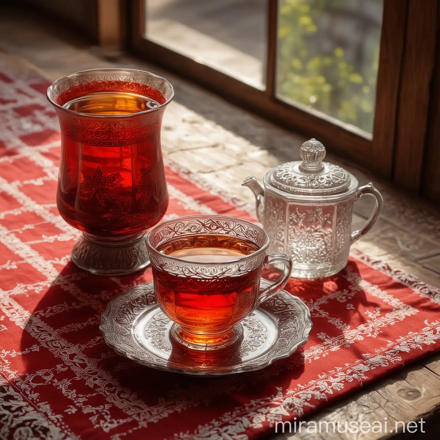 Traditional Tea Ceremony Persian Glass and Chinese Sugar Bowl on Wooden Table
