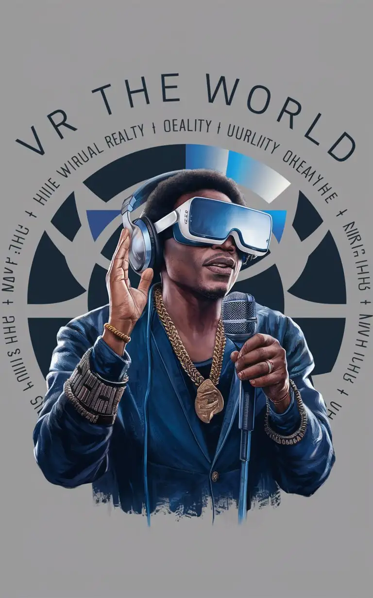 "USA For Africa - We Are The World" song album picture with Stevie Wonder with big virtual reality glasses on him with microfon and headphone, without background, as a logo in circle shape, with a title around the pic: "VR the World"