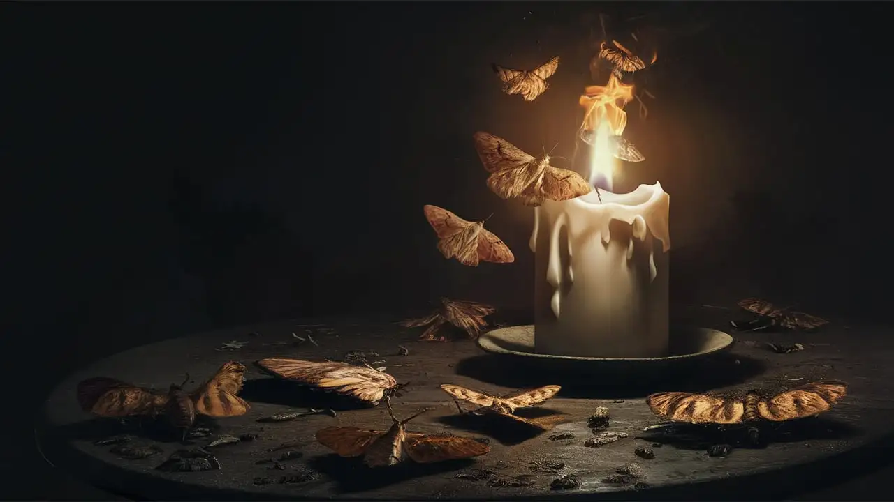 Candlelight and Moths in a Dark Apocalyptic Scene
