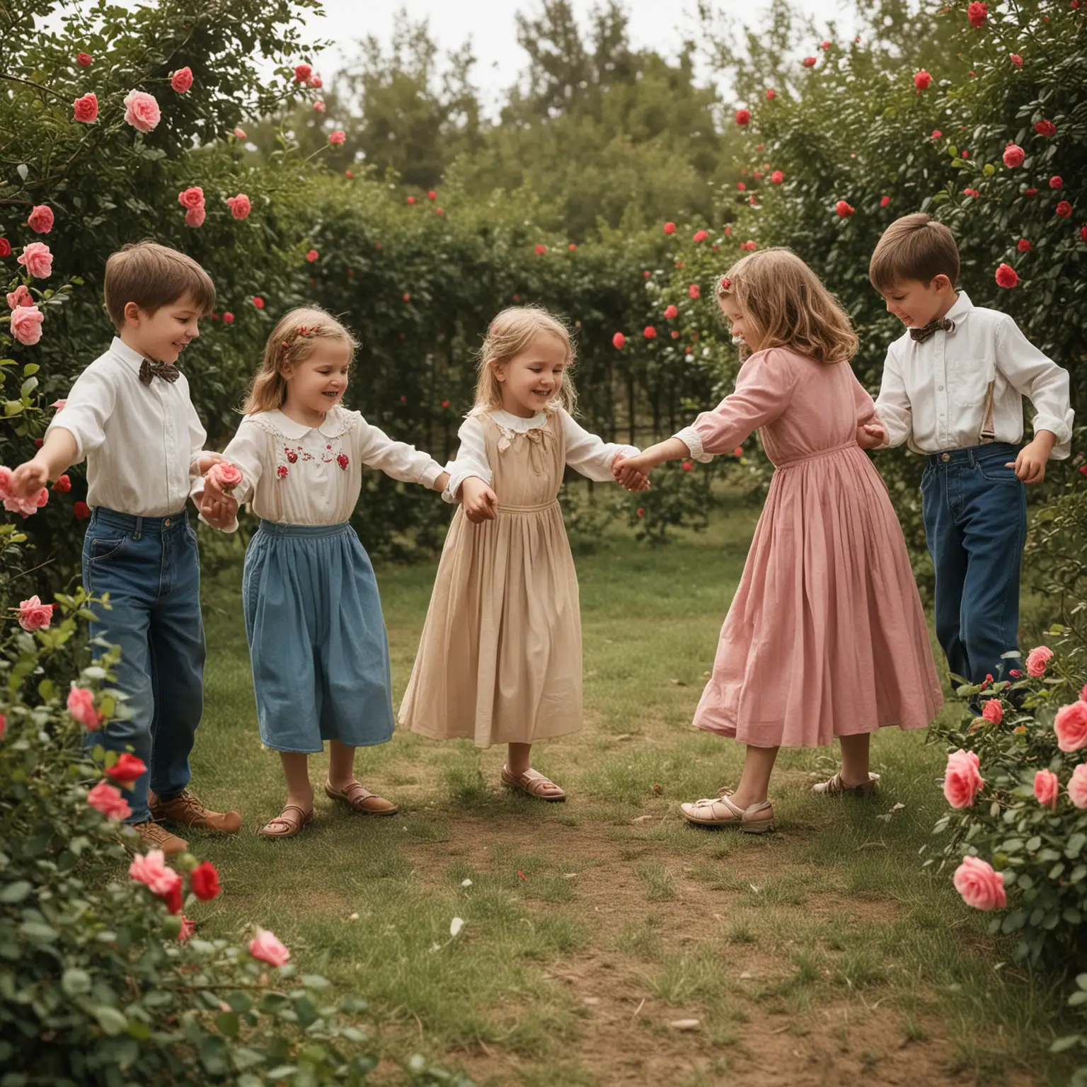 Joyful Children Dancing Around a Blooming Rose Bush