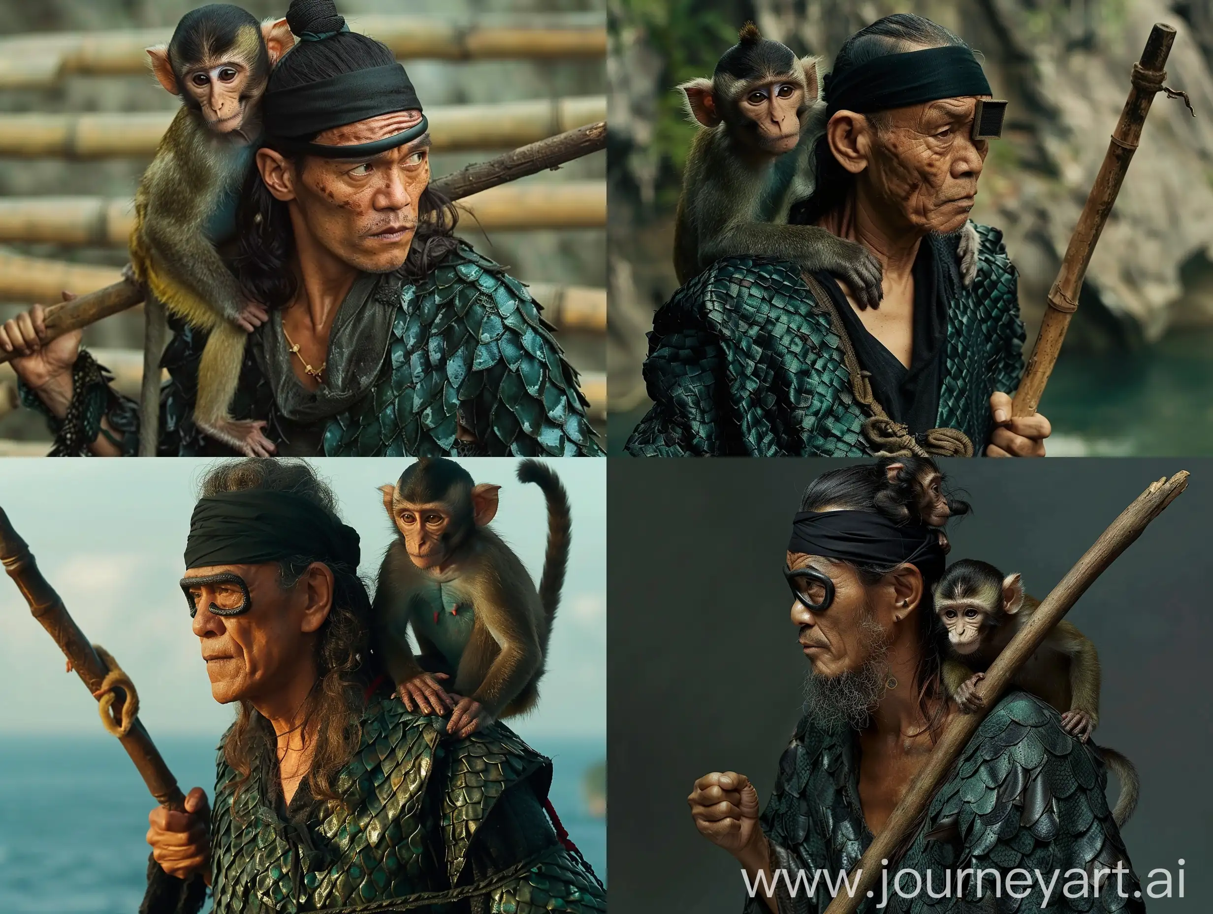 cinematic movie scene, an Indonesian male warrior, 30 years old, blind, wearing a black headband, clothes like dark green snake scales, long hair, there is a monkey on his shoulder, he is holding a wooden stick, view full body