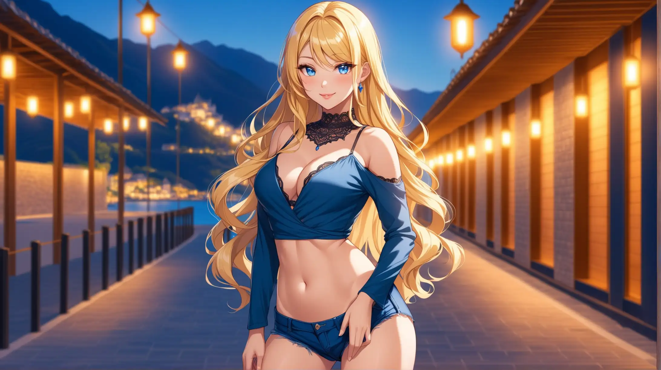 Draw the character Navia, blonde hair, long hair, drill hair, blue eyes, high quality, ambient lighting, long shot, outdoors, standing, seductive pose, casual outfit, revealing, smiling at the viewer