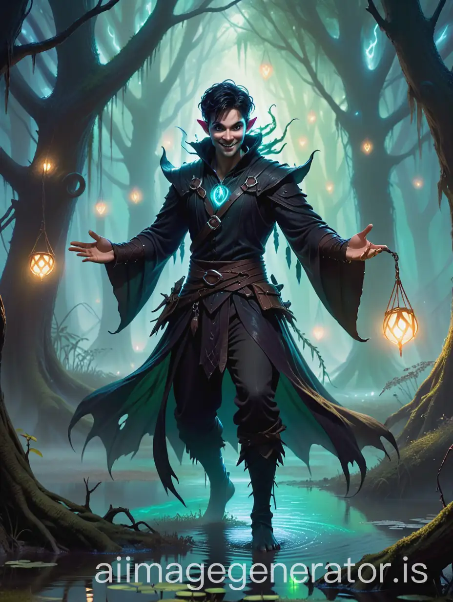 Male dark fairy in a Dungeons & Dragons setting, floating in the air , a sinister yet enchanting aura, wearing tattered dark clothing, surrounded by a foggy, eerie swamp with twisted trees and glowing marsh lights, with glowing eyes and a mischievous smile, casting a shadowy spell.