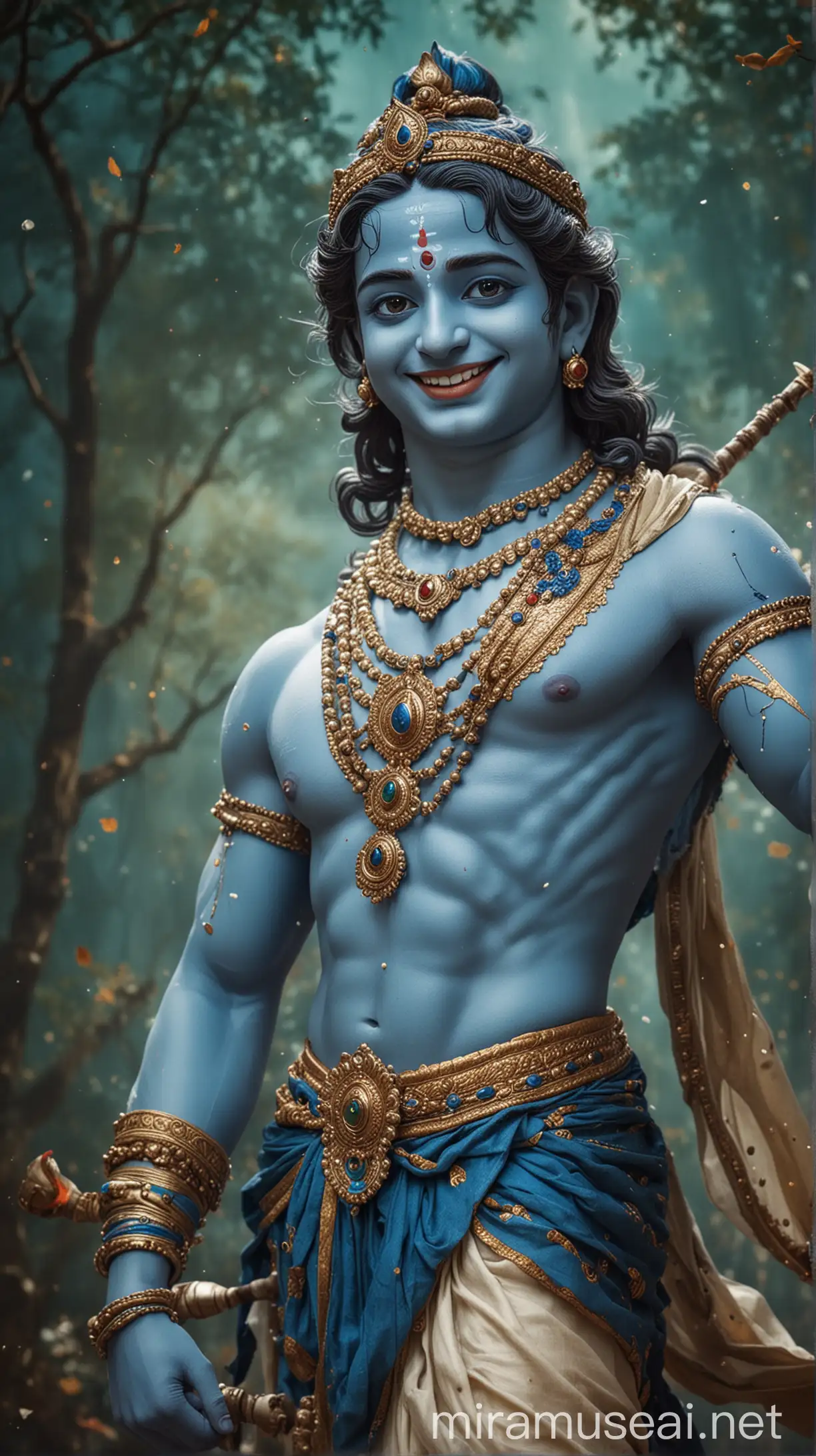 Lord Krishna in Mahabharata Setting Radiant Blue God with a Joyful Smile