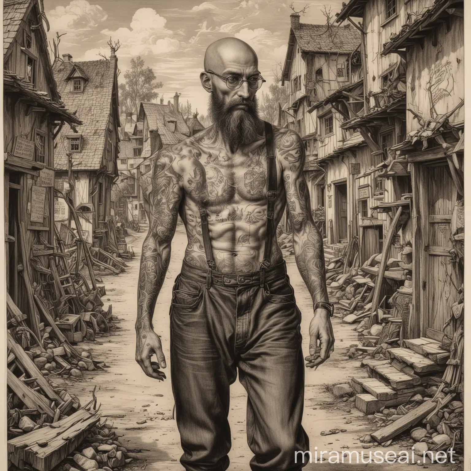 Albrecht Dührer style lithograph, etching, engraving, ink print, of a tall, skinny man with tattoos and glasses, a shaved head and a thick beard, wearing suspenders, careening through a small village, destroying all in his path, and causing fiery damage and chaotic disruption throughout