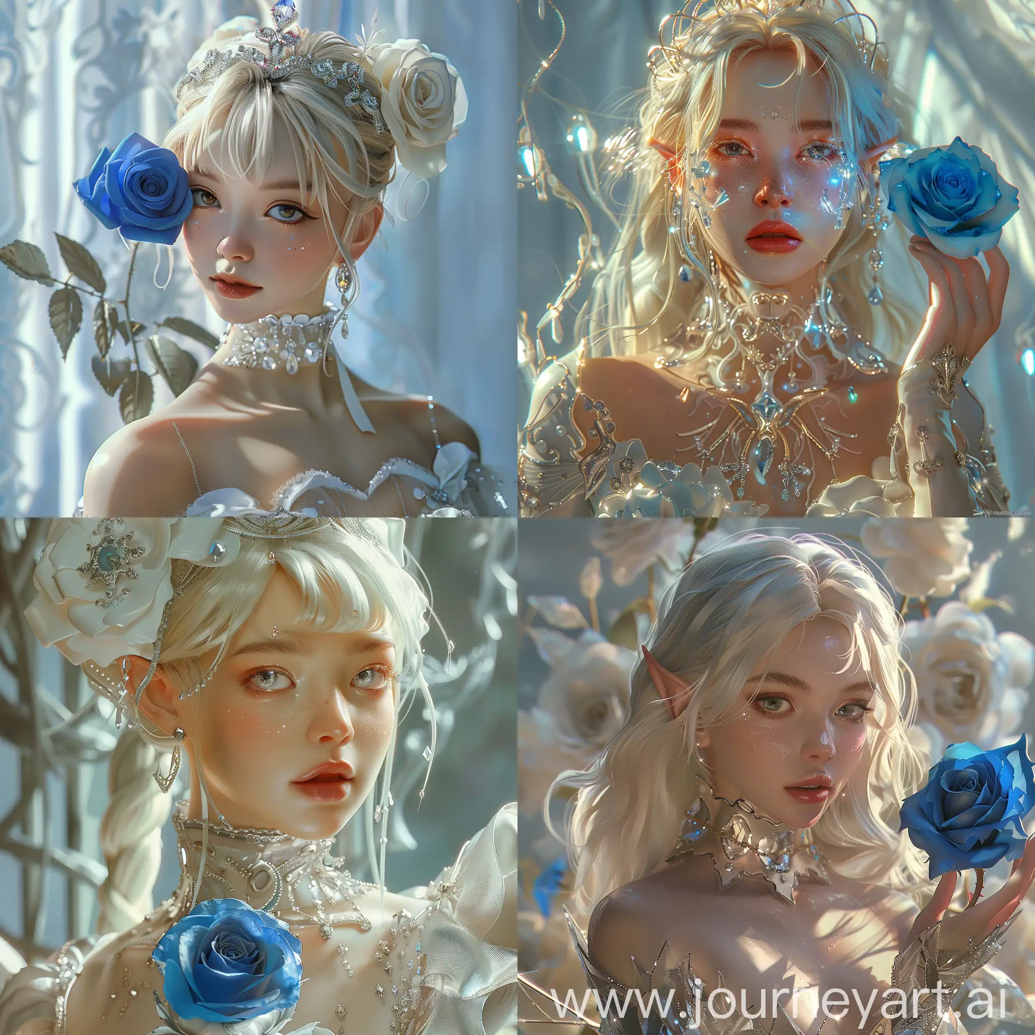 masterpiece, best quality, (Anime:1.4), silver enchantress, white rose fairy, royal, ancient beauty, high-definition, high-end fashion, ambiguous atmosphere, woman, blonde hair, blue rose, luminous, dreamlike, crystals, white, beige, cute, dreamy, chinapunk, romantic, cinematic lighting, chiaroscuro, medium shot, hyperrealism, Hollywood style, detailed expression, rich details, 1950s comic book style, storytelling, contrast, characteristic linework, animated GIFs, hyperbolic photorealism, blue, silver, heistcore, strip painting, detailed depiction, delicate face, costume details, HD 16K resolution