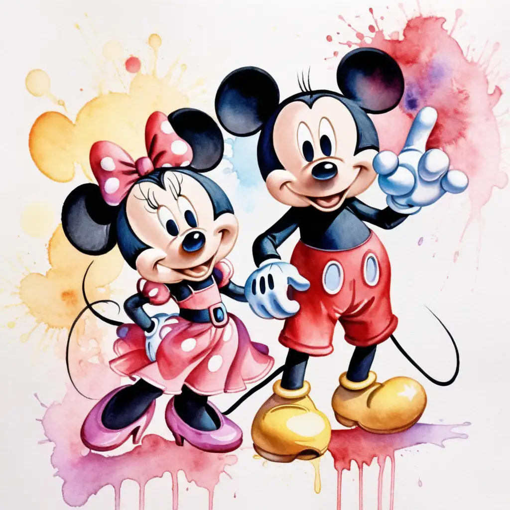 Mickey and Minnie Mouse Dancing in a Whimsical Watercolor World
