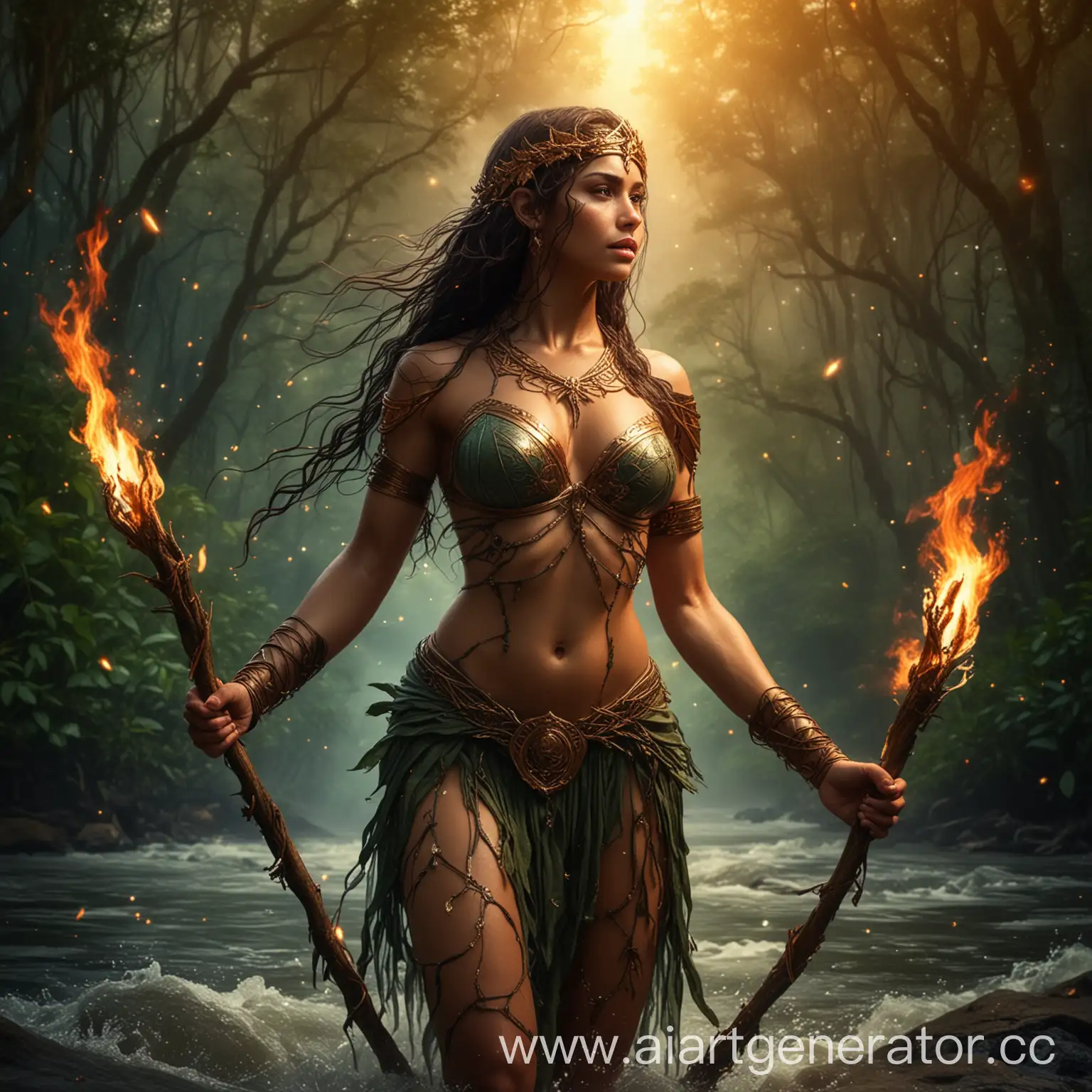 Богиня, амазонка, воительница, лианы, река, огонь, звезды