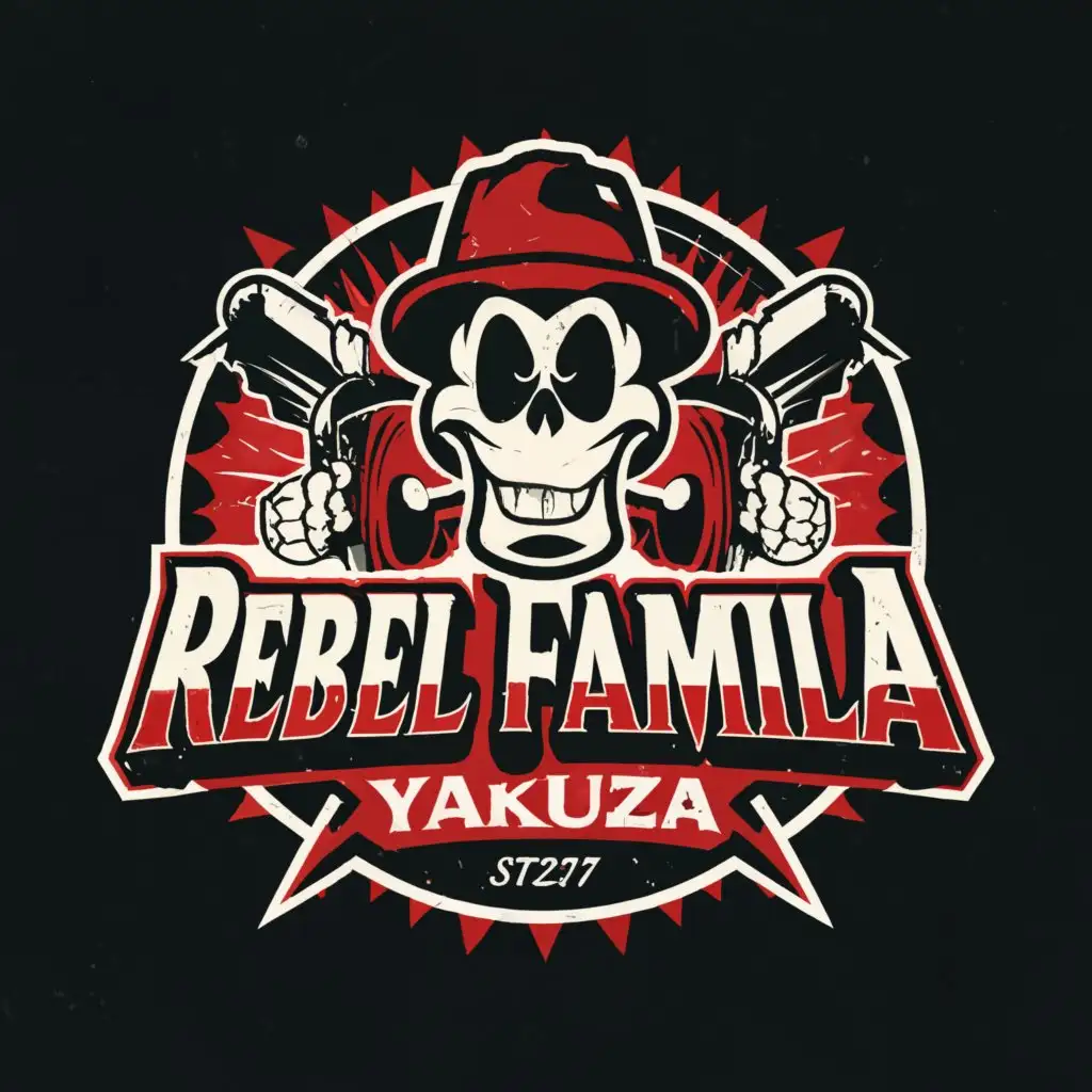 a logo design, with the text 'REBEL FAMILIA', main symbol: MAKE ME A MAFIA OR YAKUZA LOGO LIKE FIVEM WITH DOMAIN COLOR RED AND BLACK MAKE IT SCARY AND THE MASCOT IS MICKEMOUSE BLACK AND WHITE, THE SLOGAN IS DONT MAKE US ANGRY