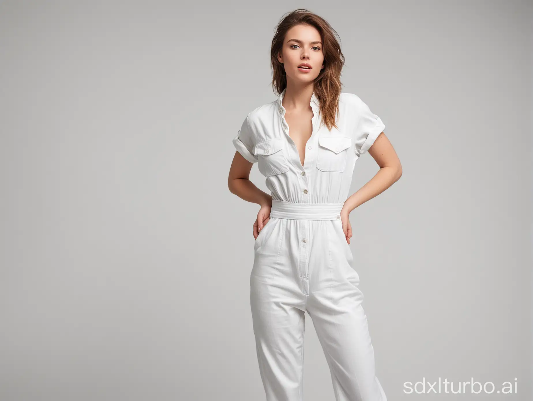 Full body portrait of a fashion model in an upright position, hands behind back, European and American style, pure white background, high resolution, wearing jumpsuits