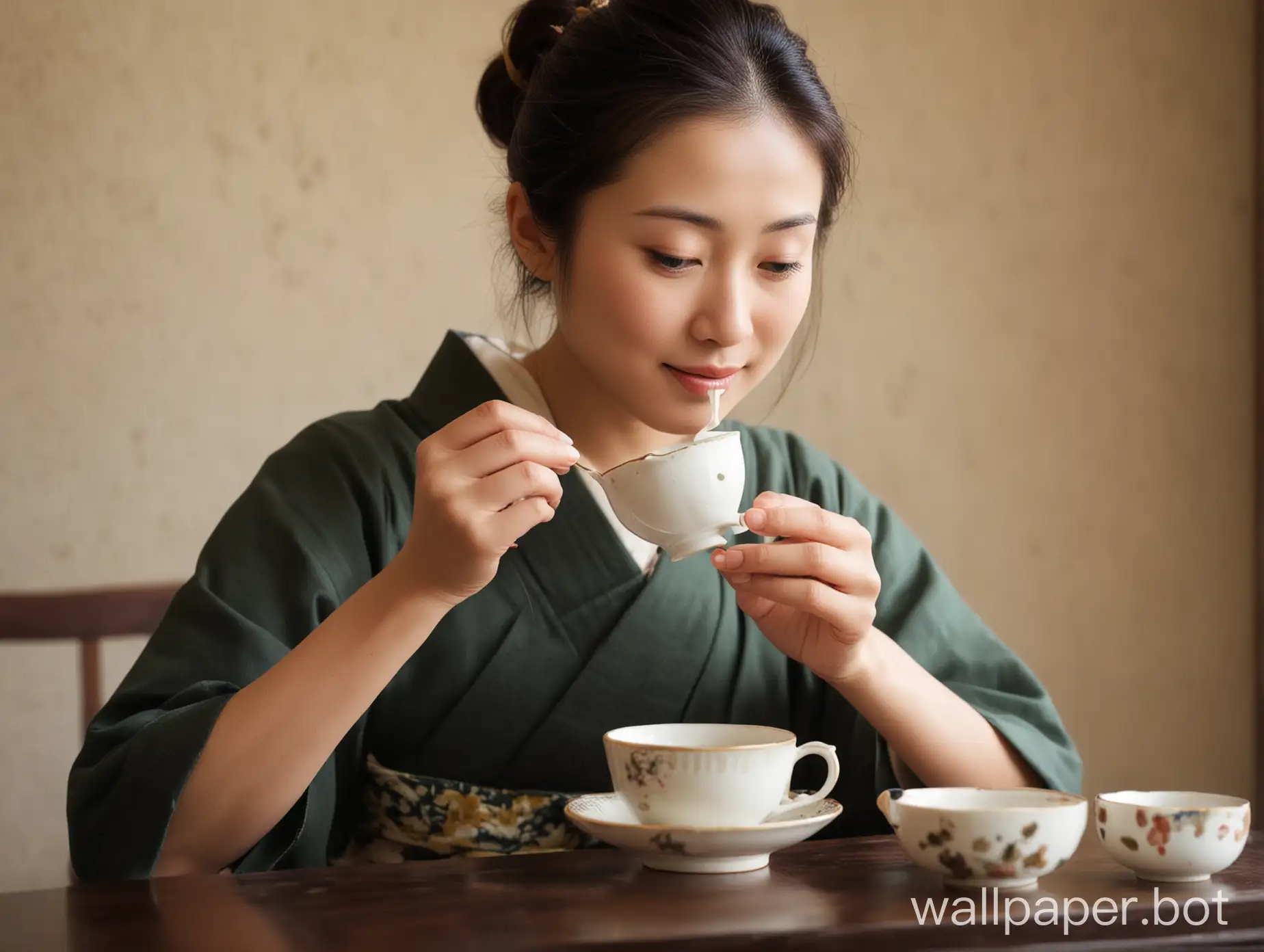 Japanese woman tasting tea