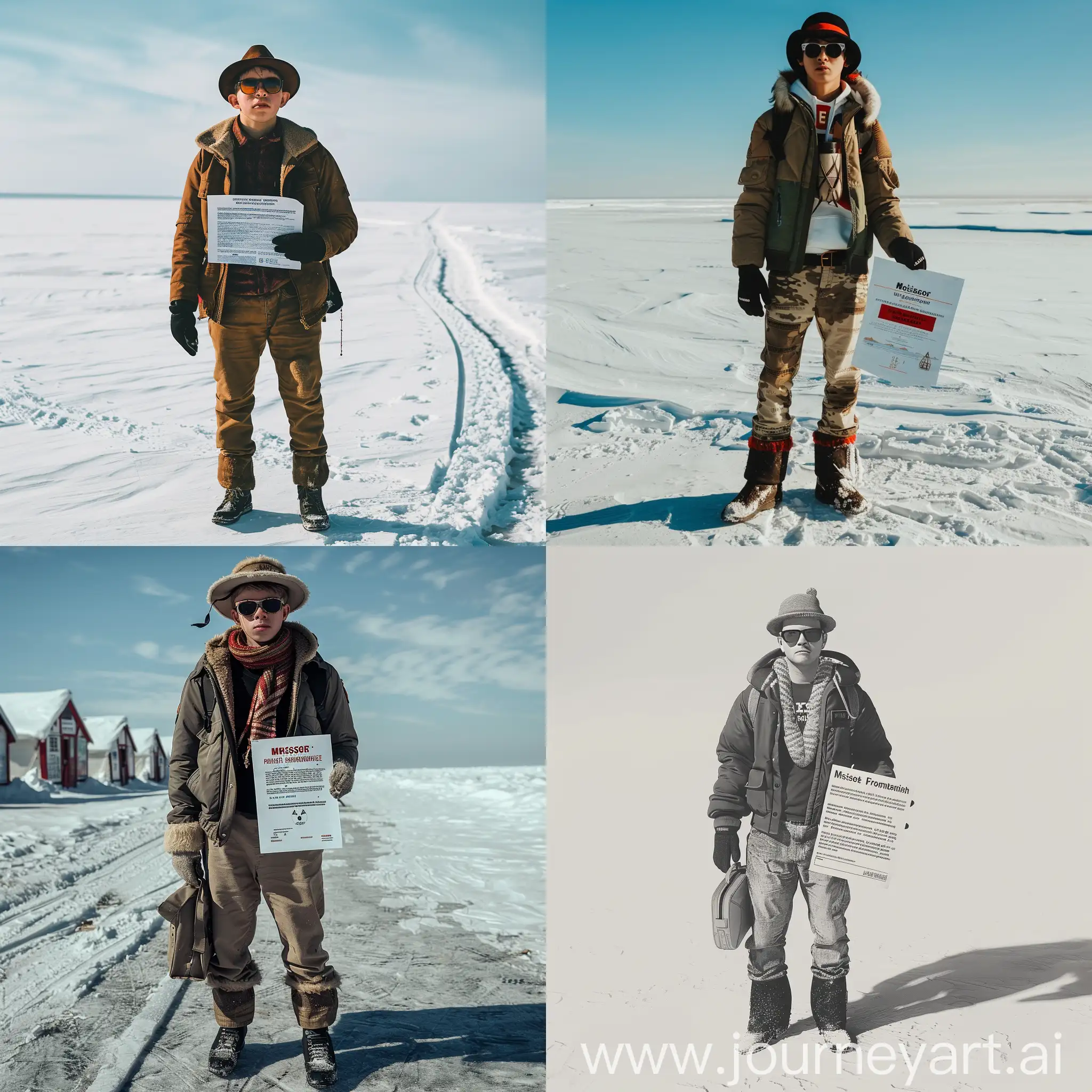 северный полюс стоит молодой человек в шапке, куртке, штанах и солнцезащитных очках. В руке лист с объявлением о пропаже человека.