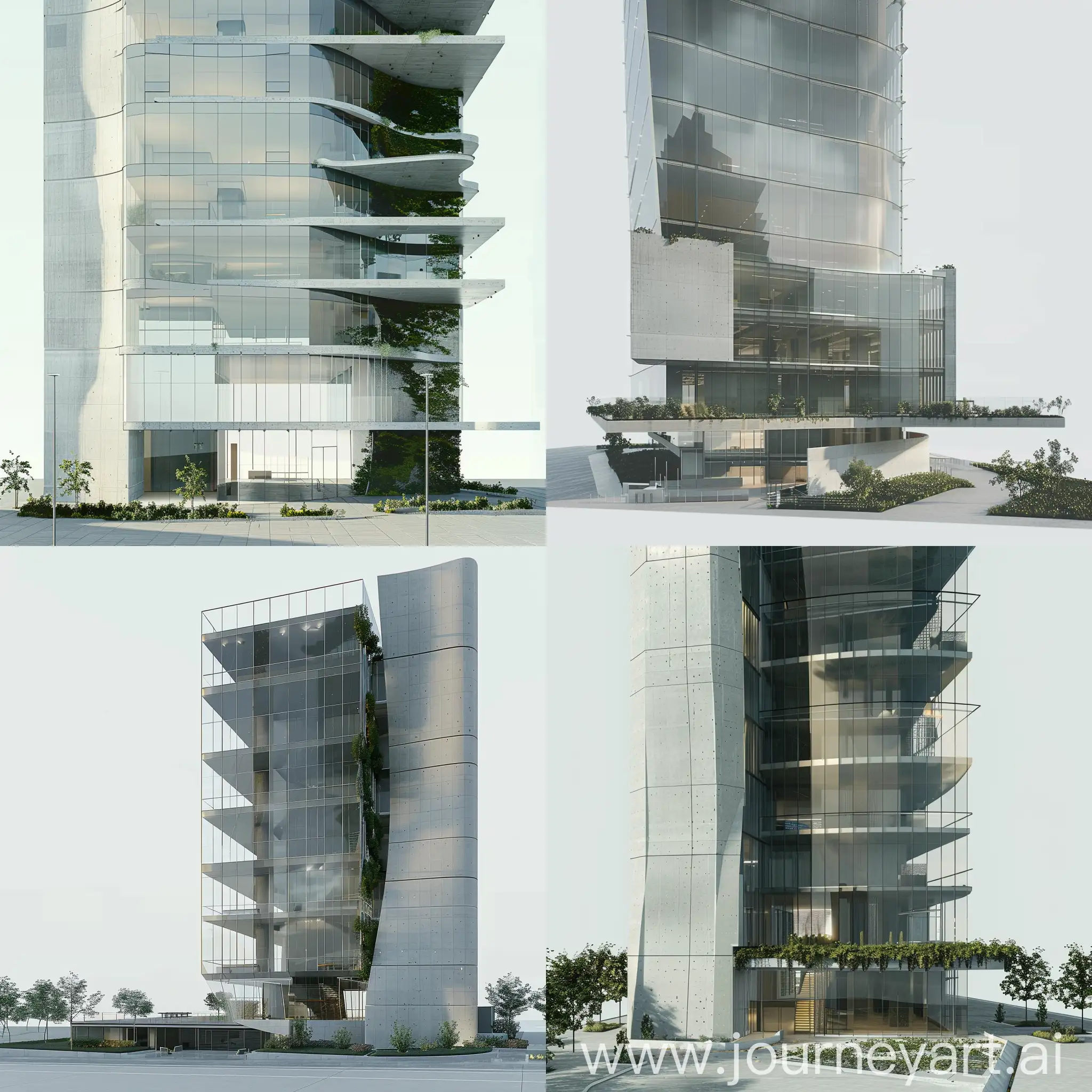 создай фотореалистичную визуализацию здания с использованием стеклянного фасада, бетона и озеленения