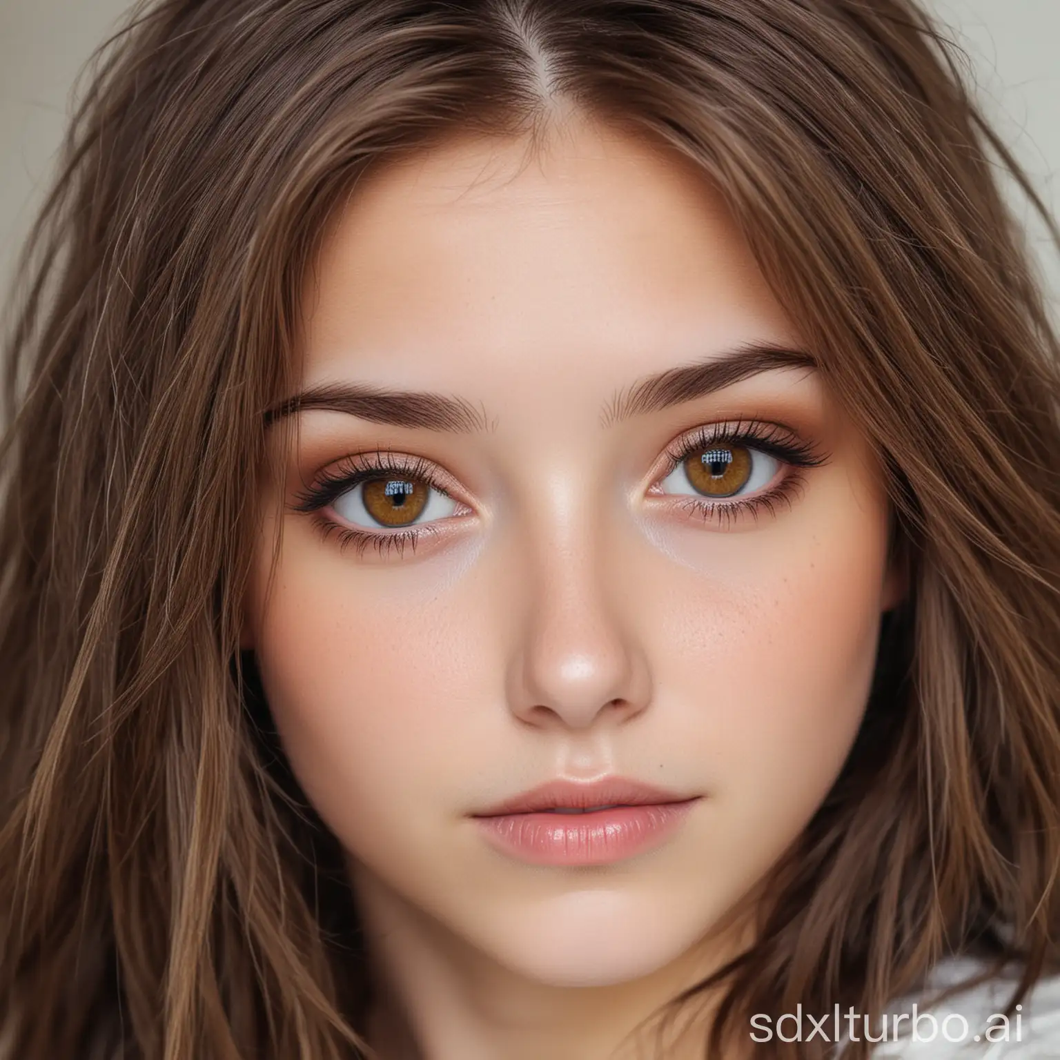 Beautiful girl with hazel eyes and white skin and brown hair
