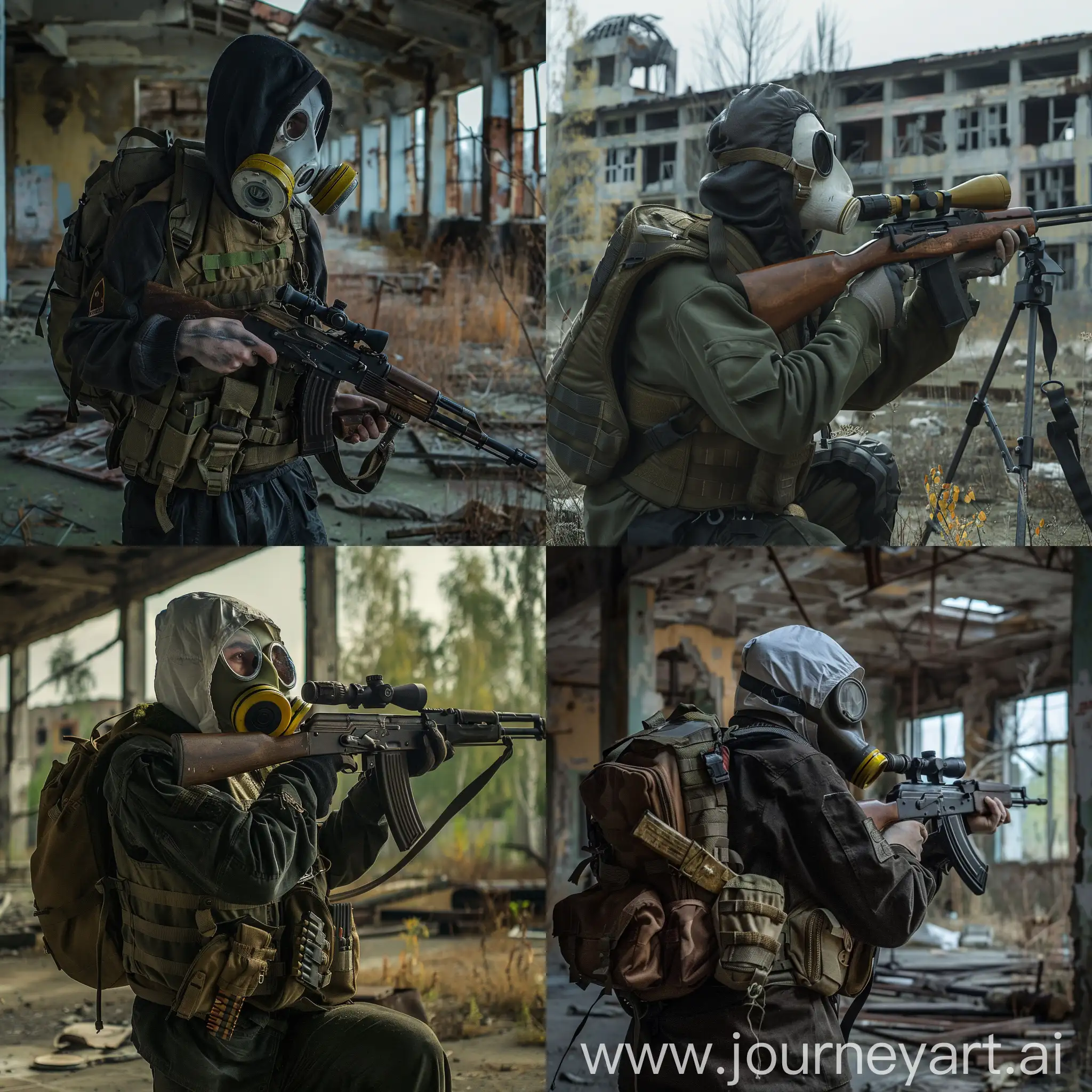 Stalker, Abandoned Pripyat, loner stalker, small backpack on the back, sniper rifle in the hands, gasmask, military vest.