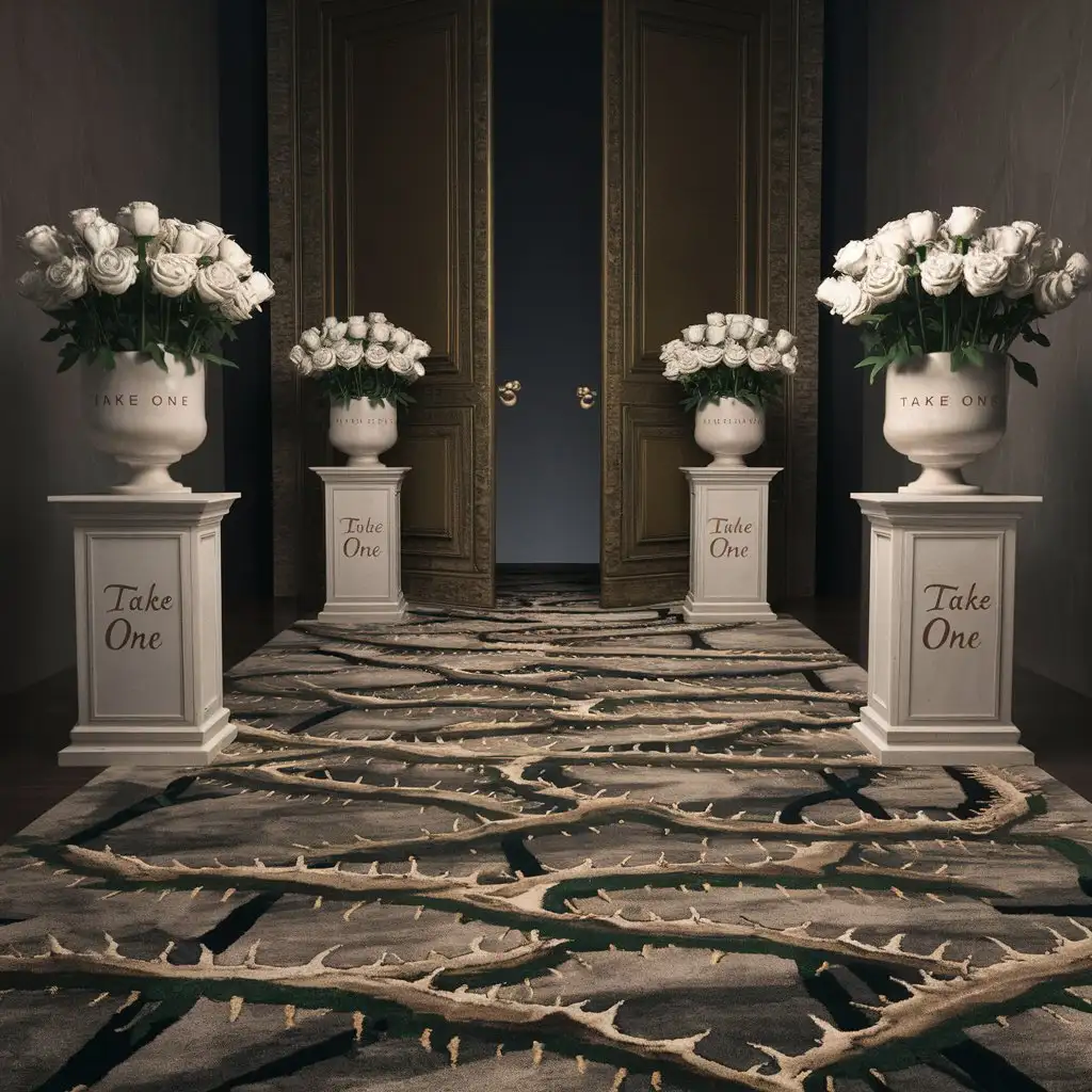 Running the length of this oblong room is a rug woven with images of thorny white roses. Each of the doors on the north and south walls has an alabaster pedestal standing inside the room beside it. Atop each pedestal is an alabaster vase that holds several long-stemmed white roses. Carved into the vase are the words “Take one” in Common.