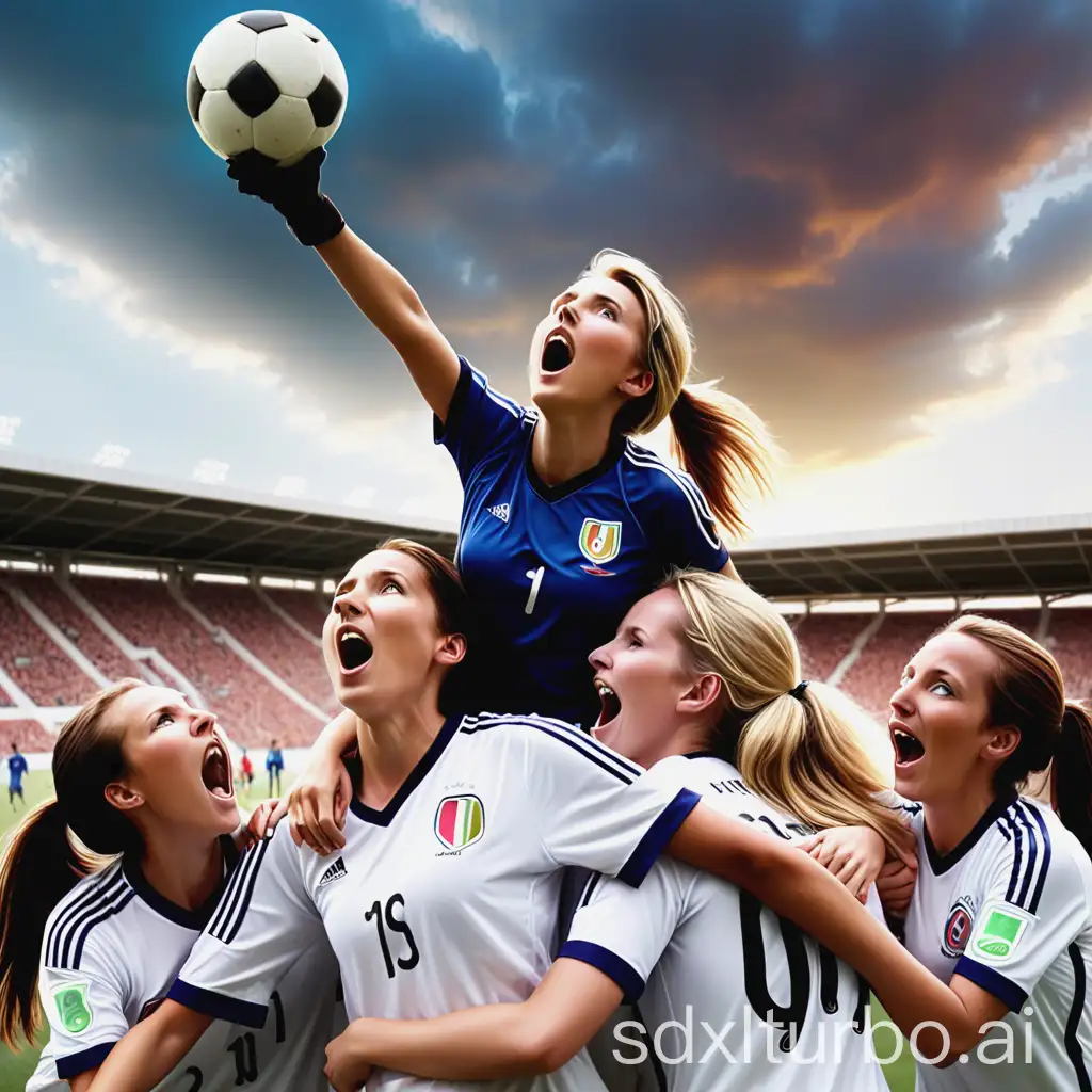 You as a manager of a soccer team, I need a picture of a women's team playing soccer. They can be celebrating that they have won and looking up at the sky