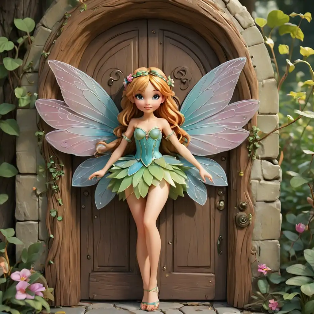 A beautiful fairy, 3D. Disney Style, large fairy wings, fairy door