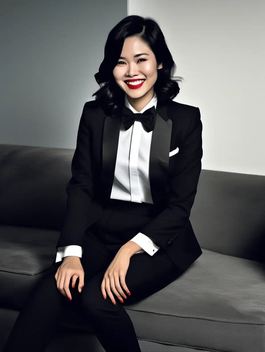 An elegant and sophisticated 30 year old Vietnamese woman with shoulder length black hair and red lipstick is sitting on a couch in a dark room. She is wearing a tuxedo with a (white shirt).  (Her bow tie is black)  (Her pants are black). She is smiling and laughing.  (Her jacket is open)  (Her cufflinks are black)