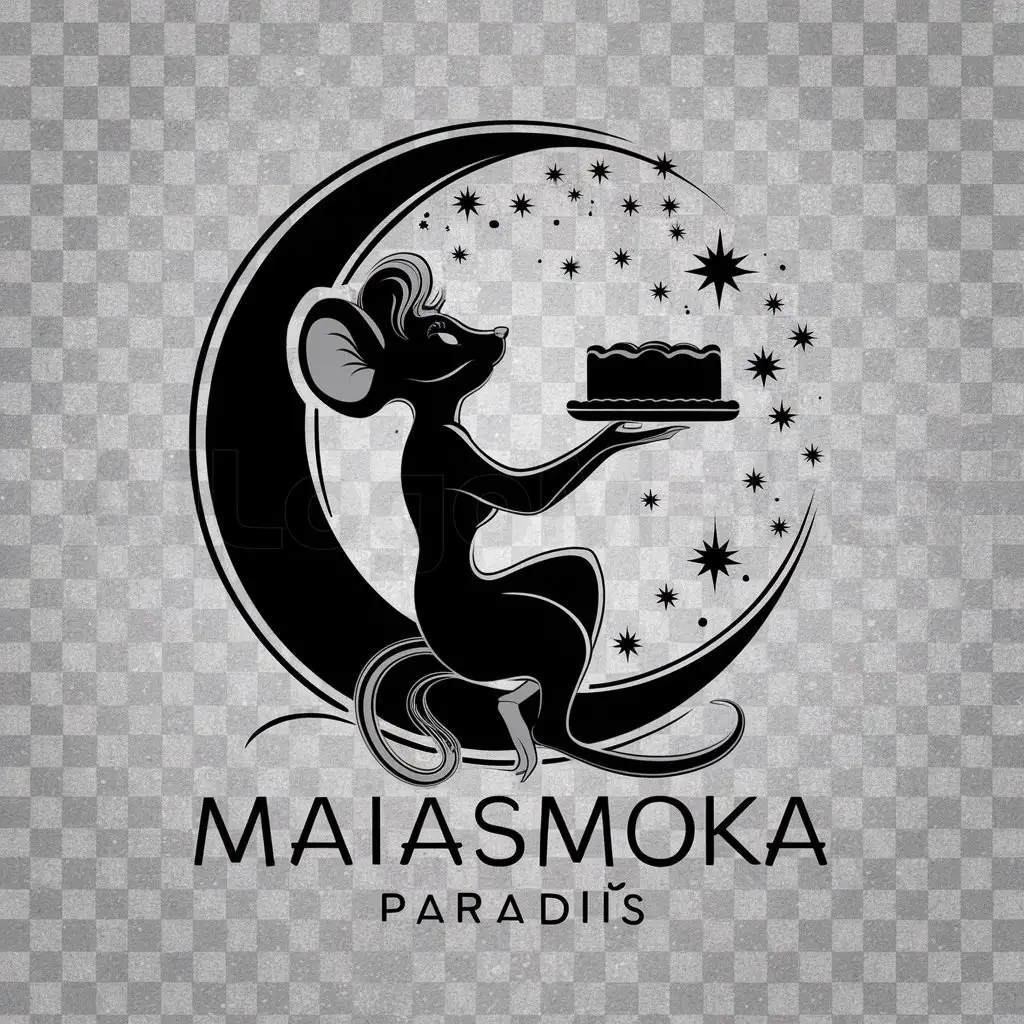 a logo design,with the text "A female mouse with a long tail sits inside a crescent moon, looking slightly up to the sky towards the right. She is holding a cake, trying to hand it to someone. There are a few stars above her. Below, the text 'MAIASMOKA PARADIIS' is written. The mouse's tail is so long that it elegantly extends below the text. The image is in black and white, created as a vector graphic logo with a transparent background.", main symbol:Mouse,Moderate,be used in Restaurant industry,clear background