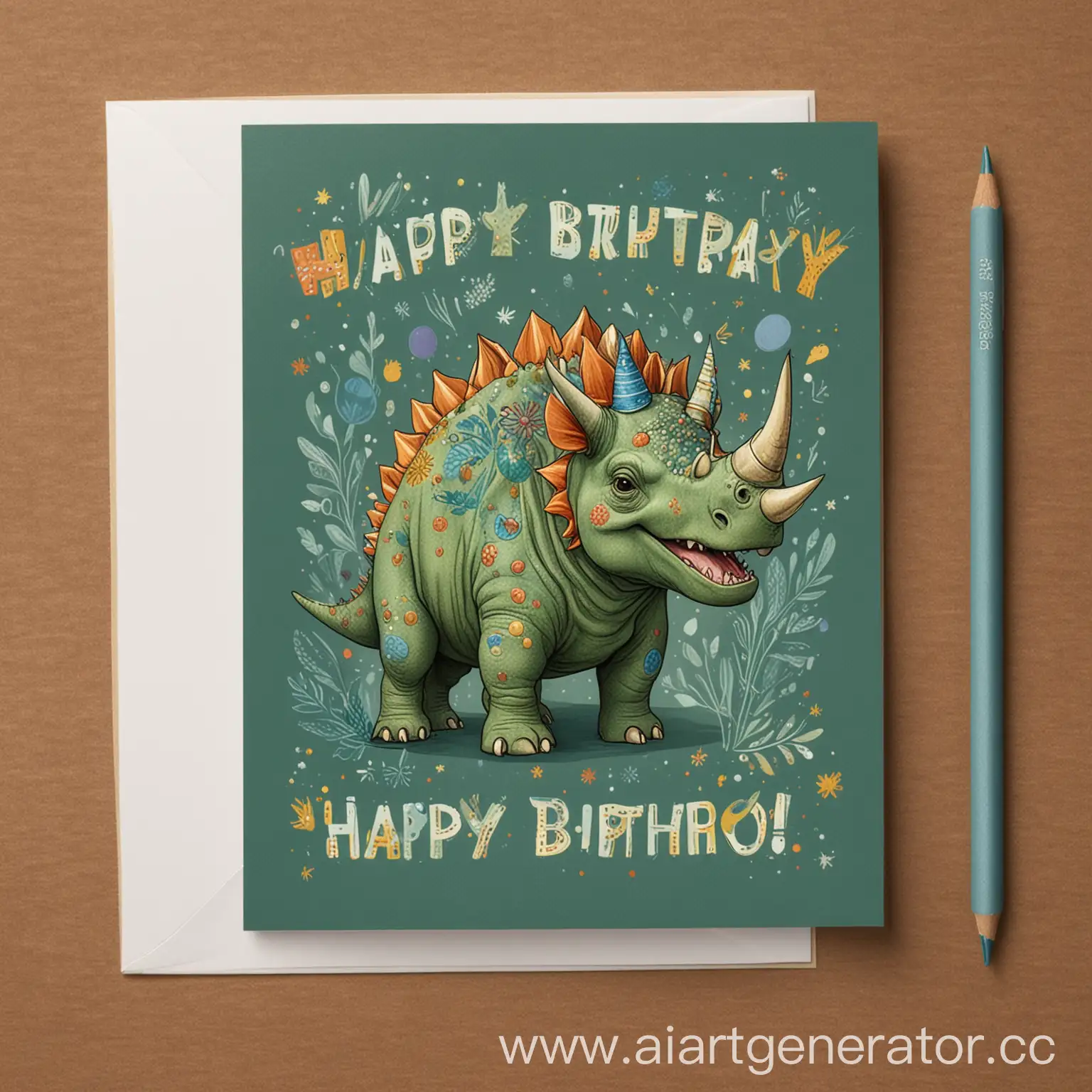 открытка с надписью "С днем рождения!" с трицерапторсом