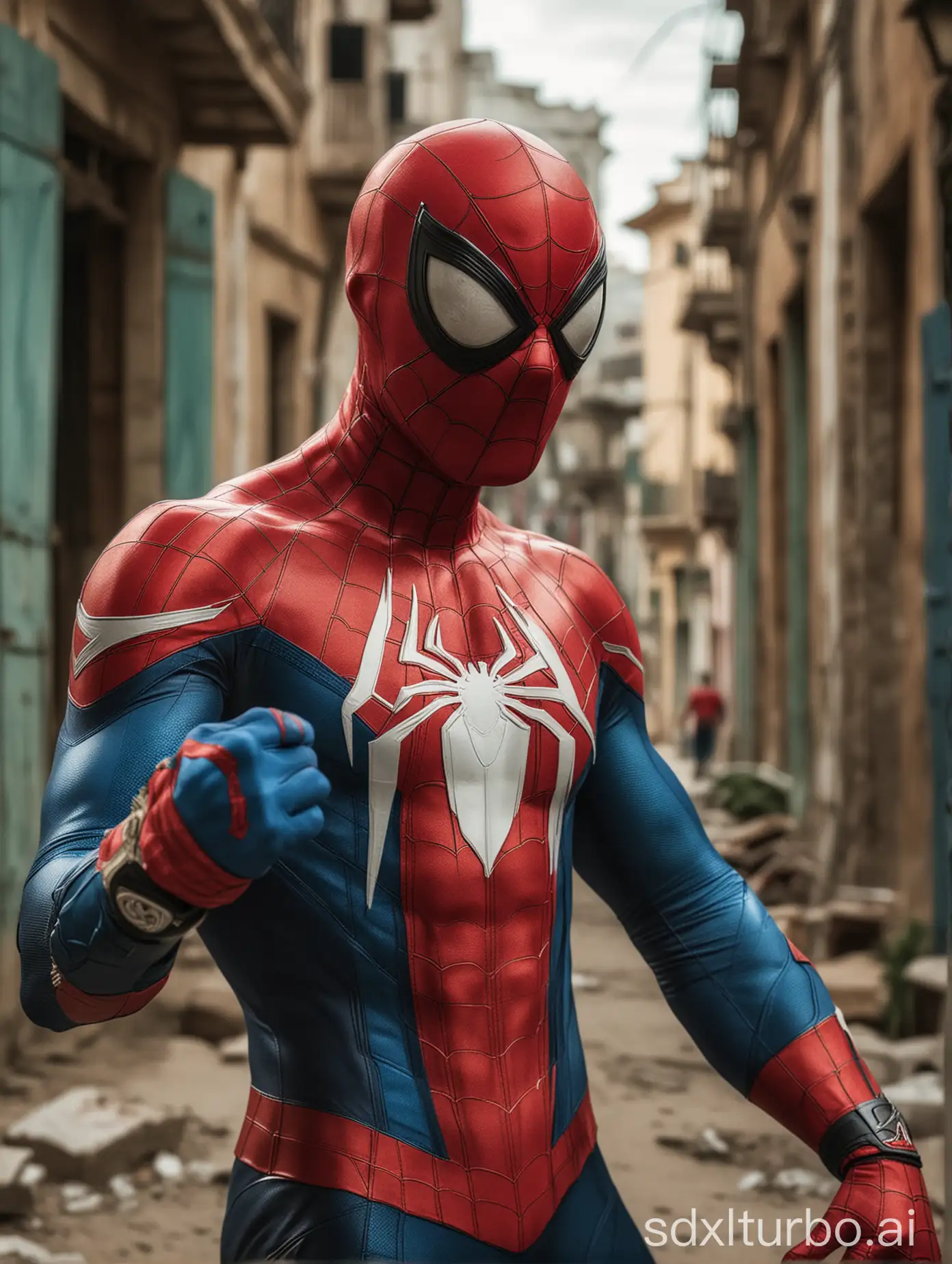 Spiderman Cuban flag colors suit an the mask off in his hand in a cool pose. showing his face and the mask on the hand
