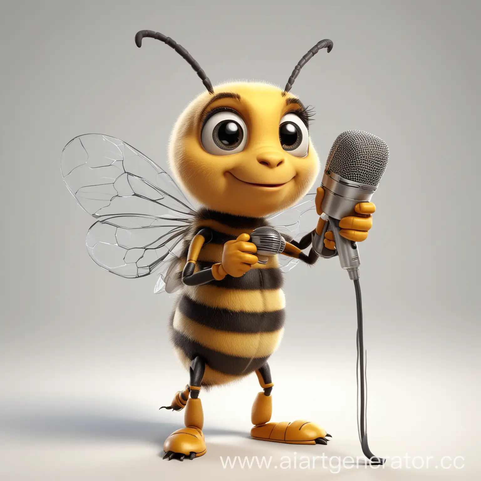 Realistic-3D-Cartoon-Bee-Holding-Microphone-on-White-Background