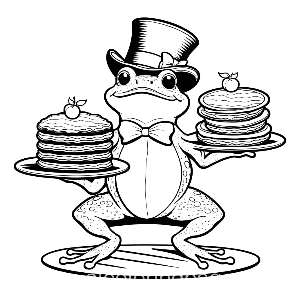 happy dancing toad in a tophat like Michigan Jackson Frog holding a stack of pies in each hand, Coloring Page, black and white, line art, white background, Simplicity, Ample White Space. The background of the coloring page is plain white to make it easy for young children to color within the lines. The outlines of all the subjects are easy to distinguish, making it simple for kids to color without too much difficulty