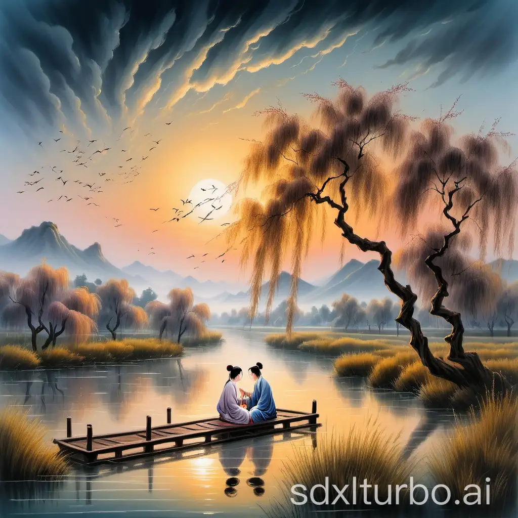 generate a romantic and beautiful scene of evening breeze blowing over willow trees, Chinese style, poetic sky, two persons meet in the distance, muted colors