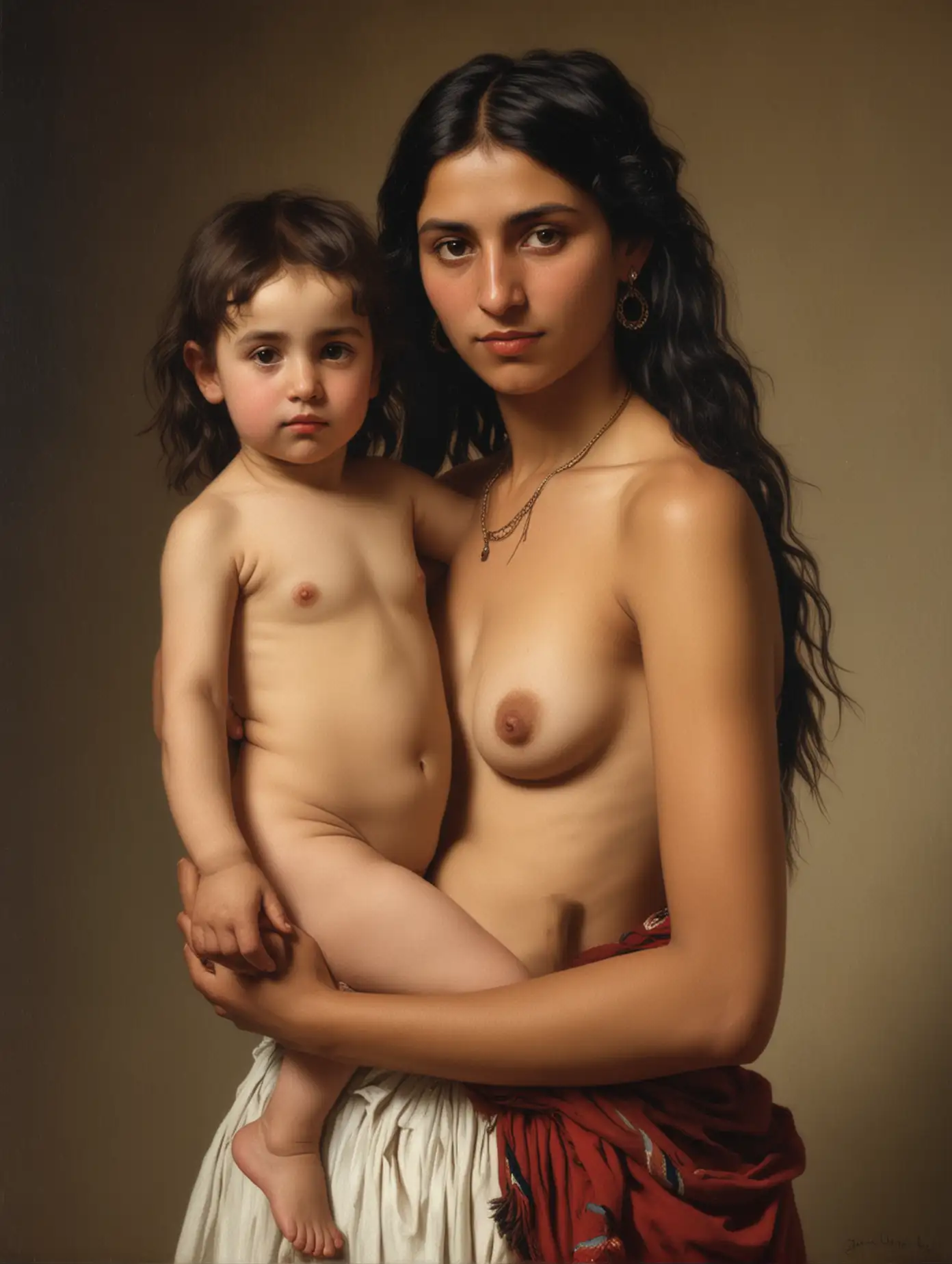 Jean Leon Gerome portrait of topless gypsy Mother and young daughter.