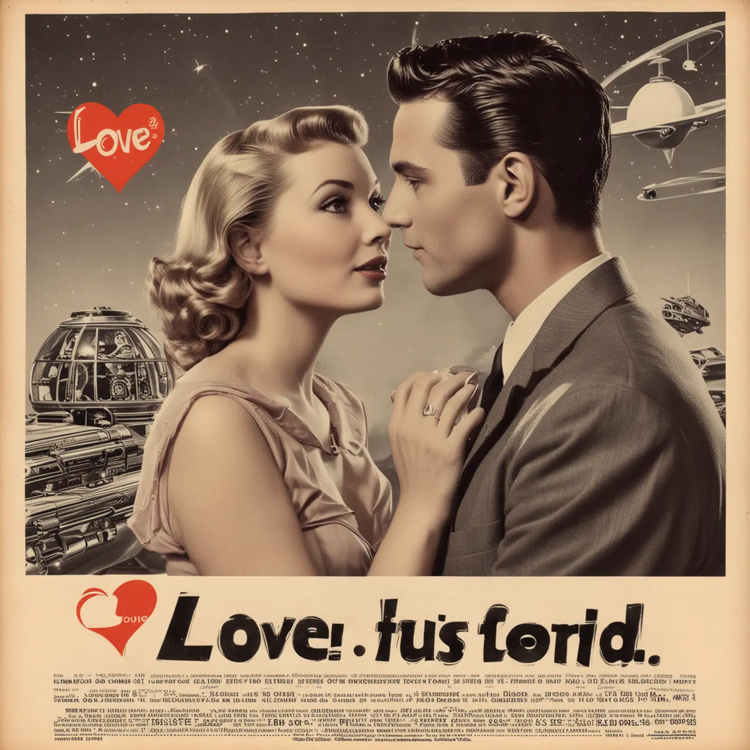 Retro SciFi Love Advertisement Romantic Couple Embracing in 1950s Futuristic Setting
