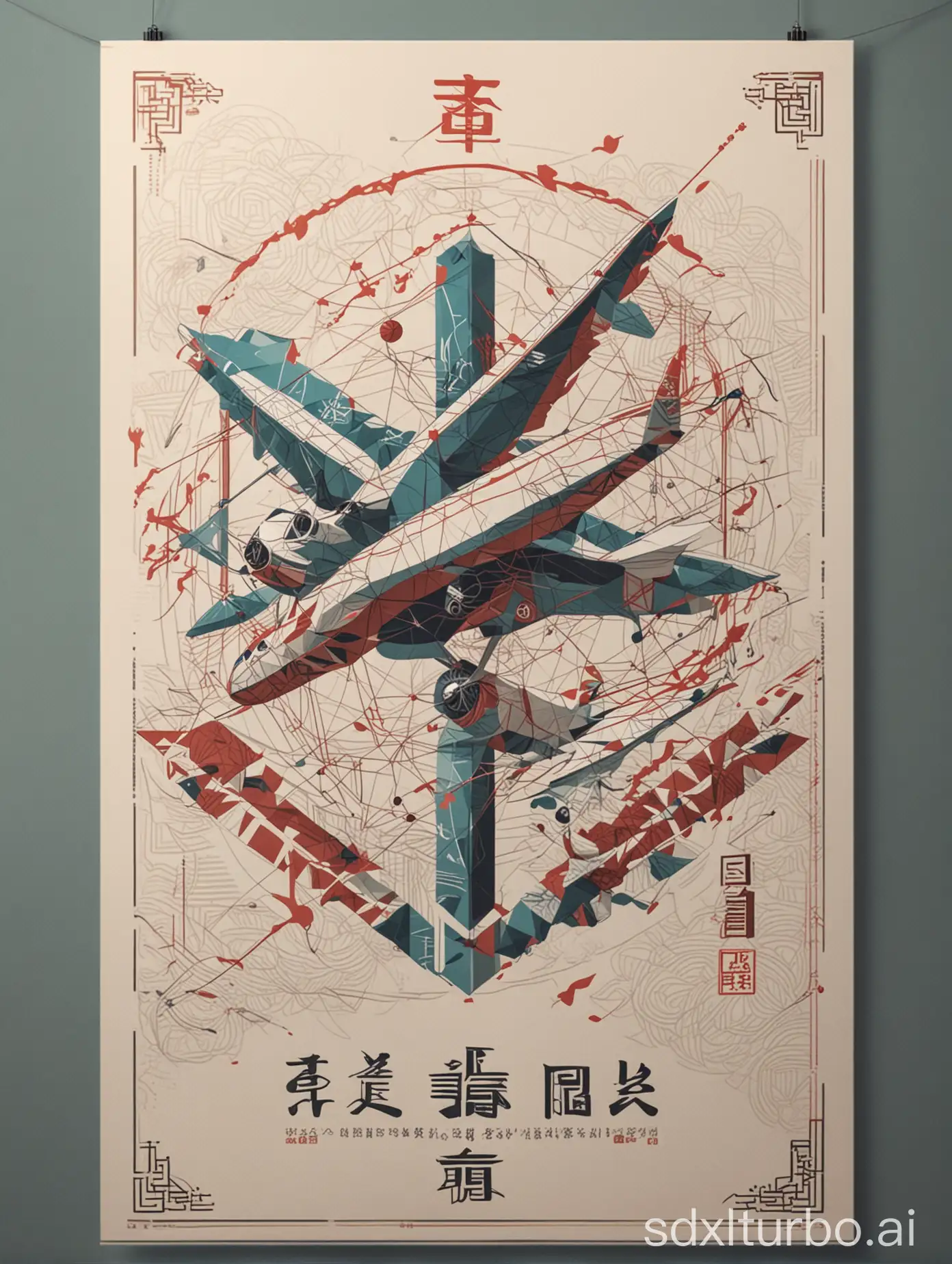 制作一张平面海报、“使用现代线条和几何形状，要有中国文化、科技感、线条、平面、