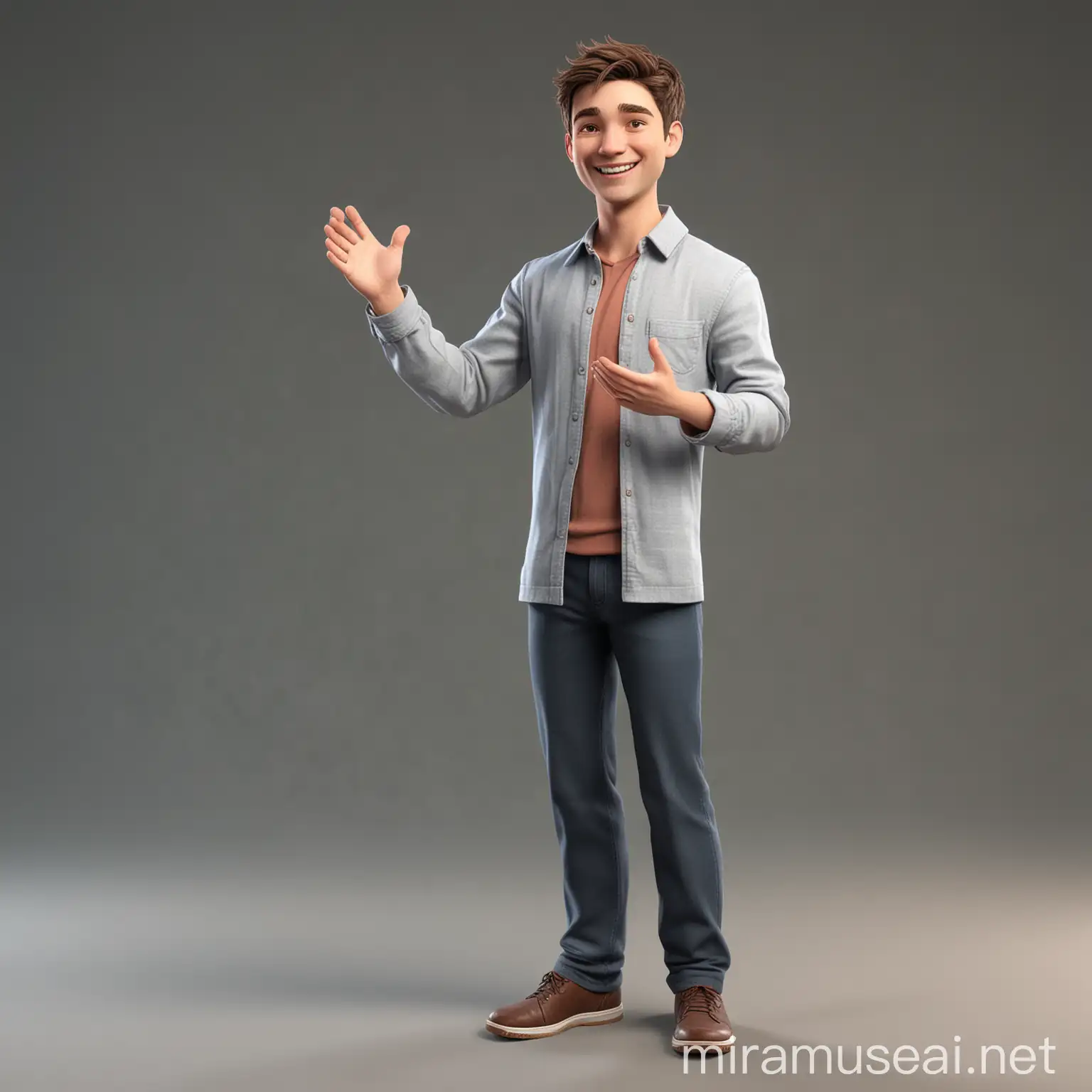 A full-body image of a polite, clapping, and smiling man in his twenties, wearing comfortable clothing, depicted in a semi-chibi 3D style.