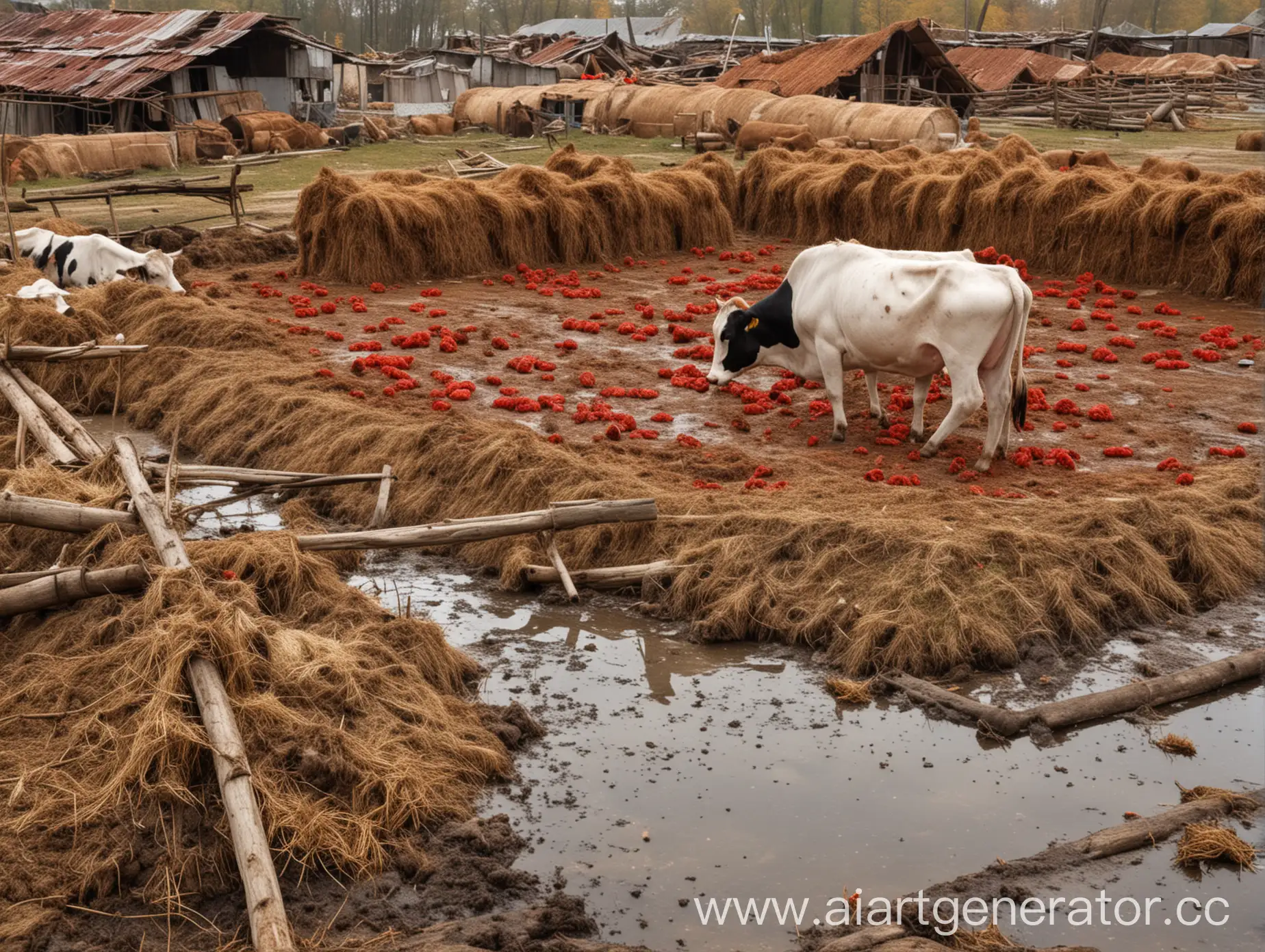 Decaying-Farm-with-Red-Flagged-Rooftops-and-Skinny-Cows-Eating-Dirt