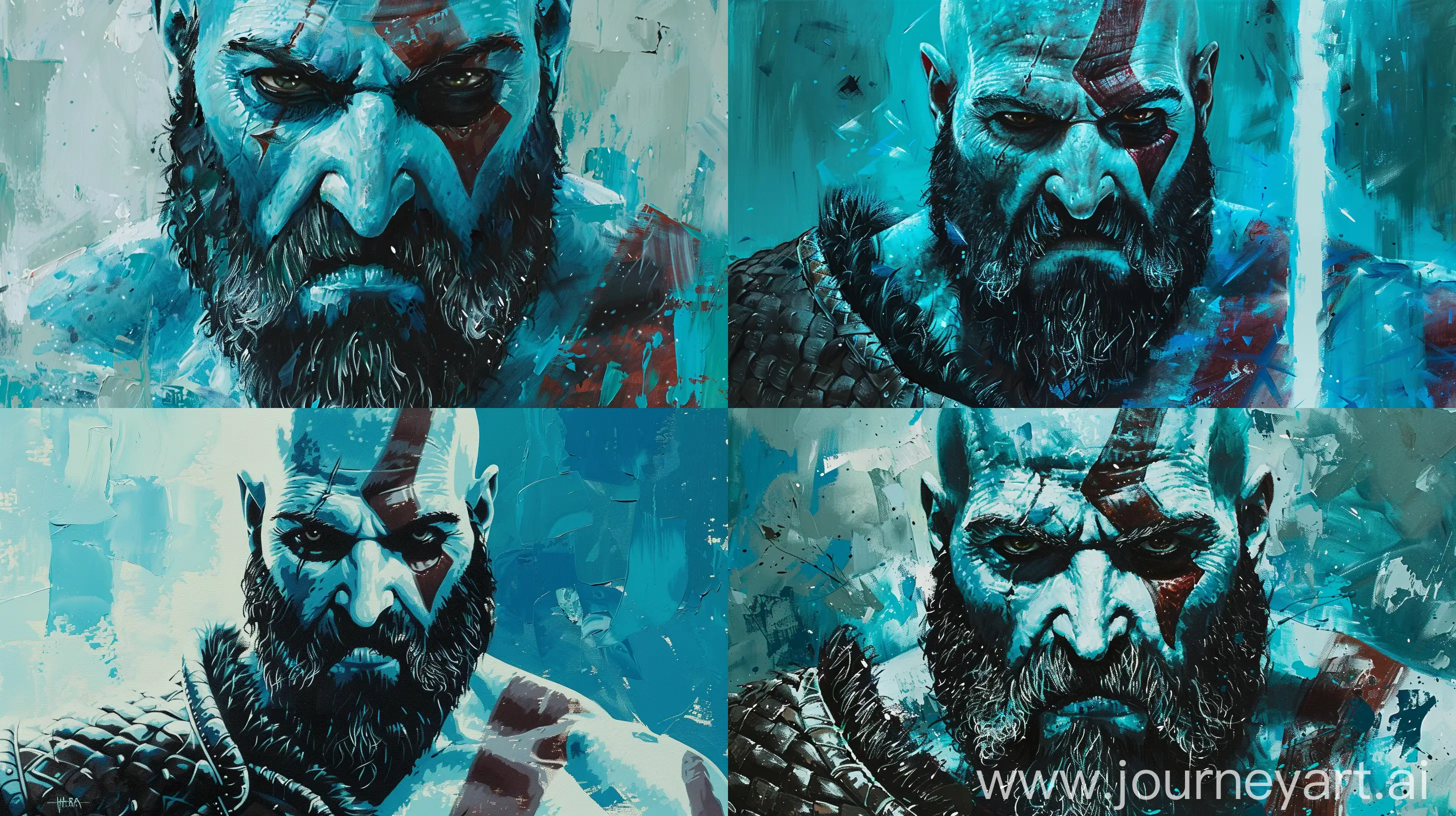 oil painting of kratos of god of war in star wars style, color palette of bright blues, cyan, teal, blue grey, blacks, white, and a soft greenish blue --ar 16:9 --c 5