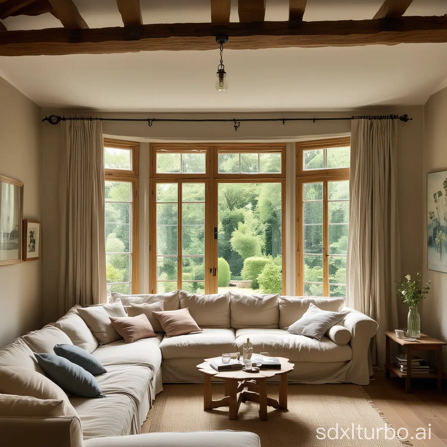 Sunlight streams in, large living room, French windows, cotton linen sofa, billowing curtains, wooden beams, lazily comfortable.