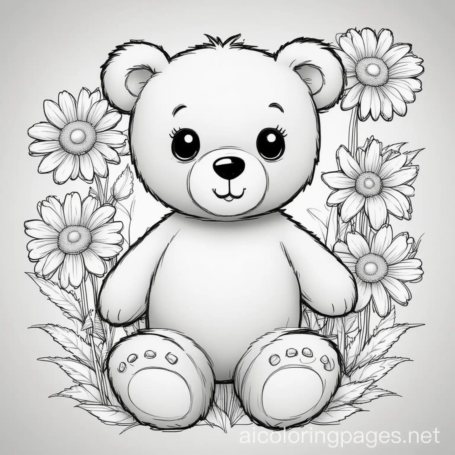 adorable teddy bear childrens coloring page with daisies cartoon style clean lines, Coloring Page, black and white, line art, white background, Simplicity, Ample White Space. The background of the coloring page is plain white to make it easy for young children to color within the lines. The outlines of all the subjects are easy to distinguish, making it simple for kids to color without too much difficulty
