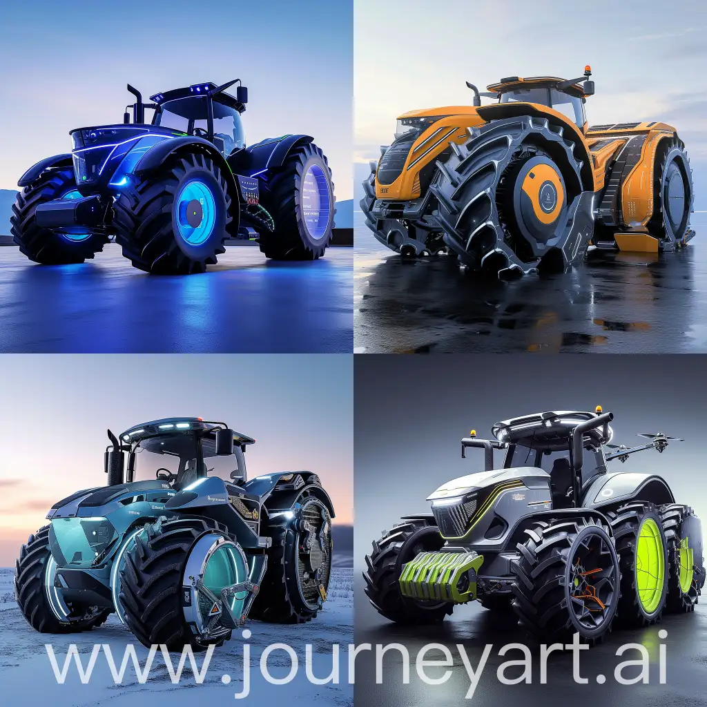 Futuristic tractor, in futuristic style, Autonomous Navigation System, Electric and Hybrid Powertrains, Advanced Sensor Suite, Integrated IoT Connectivity, Adaptive Suspension System, Smart Implements Integration, High-Efficiency Drivetrains, Precision Steering and Control Systems, Augmented Reality (AR) Support, Advanced Climate Control and Ergonomics, Solar Panel Integration, Modular Implement Attachments, Advanced LED Lighting Systems, Aerodynamic Body Design, Robust and Adaptive Tires, Automated and Precision Spraying Systems, Drone Launch and Docking Stations, 360-Degree Camera and Sensor Array, Heavy-Duty Protective Exoskeleton, Advanced Cooling Systems, 3D Augmented Reality (AR) Displays, Virtual Control Interfaces, Immersive Operator Training Simulations, 3D Field Mapping and Analysis, Haptic Feedback Systems, Virtual Co-Pilot Assistance, 3D Visual Diagnostics, Dynamic 3D Weather Visualization, 3D Telemetry and Performance Monitoring, Interactive 3D Crop and Soil Monitoring, 3D LIDAR and Radar Systems, Augmented Reality (AR) Guidance Systems, 3D Printed Customizable Parts, Interactive 3D Maintenance Displays. 3D Visual Soil Analysis Tools, Holographic Communication Interfaces, Dynamic 3D Lighting Systems, 3D Crop Imaging and Analysis Drones, 3D Interactive Control Surfaces, 3D Visual Crop Monitoring Systems, unreal engine 5 --stylize 1000