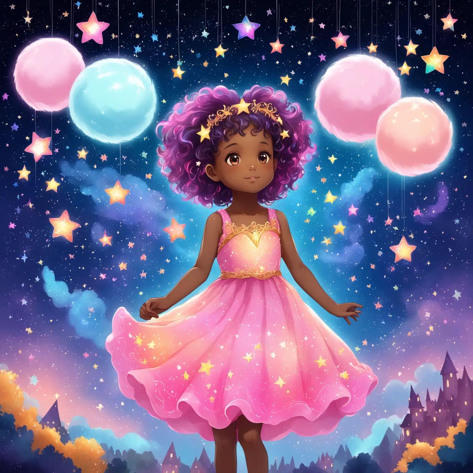 A charming digital illustration of a 7-year-old black girl with pink cotton candy hair, twirling in a whimsical magical setting. She exudes a radiant aura and wears a colorful dress adorned with stars. Around her, there are magical elements like floating orbs and silhouettes of fairy-like creatures. The background is a dreamy blend of twinkling stars and a vibrant sky.