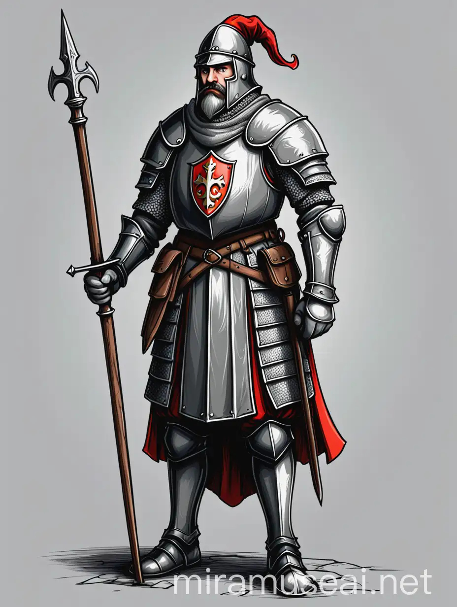 A medieval serious guard, on patrol, on a lightgrey background, in fantasy drawing style