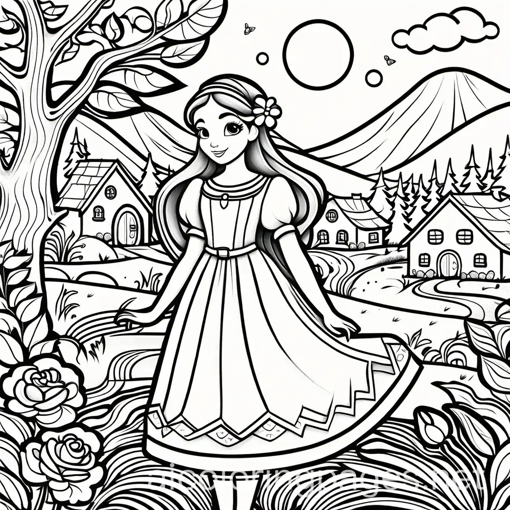 Once upon a time, in a village near the Enchanted Forest, there lived a curious girl named Aria., Coloring Page, black and white, line art, white background, Simplicity, Ample White Space. The background of the coloring page is plain white to make it easy for young children to color within the lines. The outlines of all the subjects are easy to distinguish, making it simple for kids to color without too much difficulty
