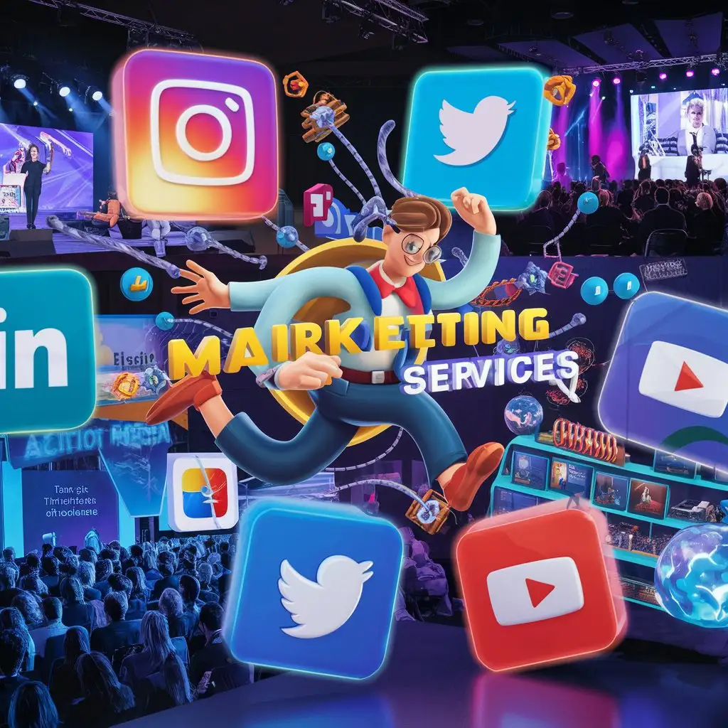 Marketing services in different social media applications and all lan events (animated)