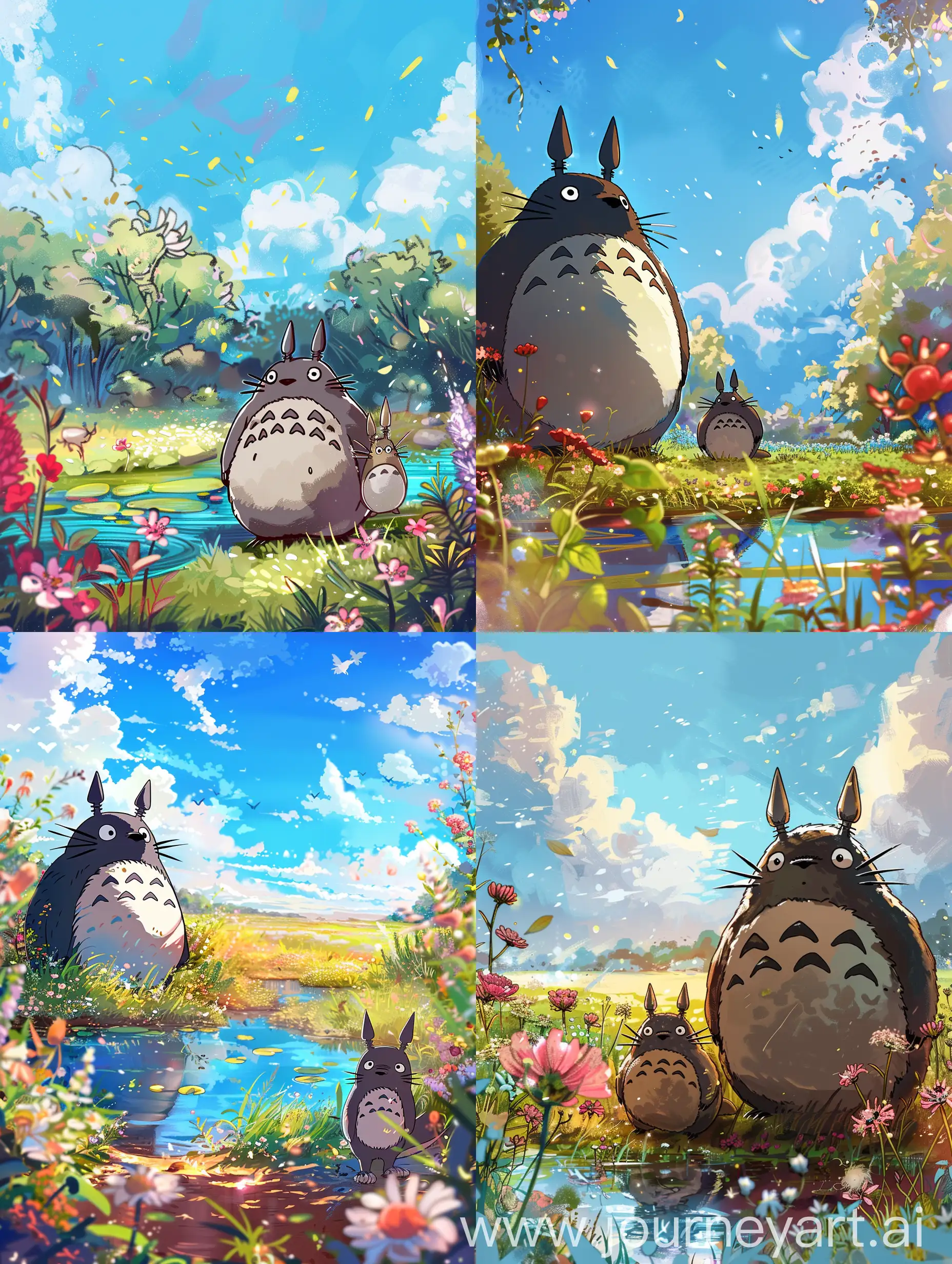 A Studio Ghibli style image featuring Totoro from ‘My Neighbor Totoro,’ standing next to Hachiwari from ‘Chiikawa.’ The scene is drawn with an anime touch, emphasizing detailed shading. The background is a vibrant, enchanted meadow with blooming flowers and a serene pond, under a bright blue sky filled with fluffy clouds. The setting is illuminated by warm, golden light, enhancing the magical and peaceful atmosphere. Totoro and Hachiwari appear deeply connected, with Totoro protectively standing beside Hachiwari. The overall composition captures the essence of a whimsical adventure in a tranquil, magical world, characteristic of Studio Ghibli’s iconic style. The image has a slightly faded and nostalgic look, reminiscent of classic Ghibli films, with soft and muted colors –s 750 –niji 6