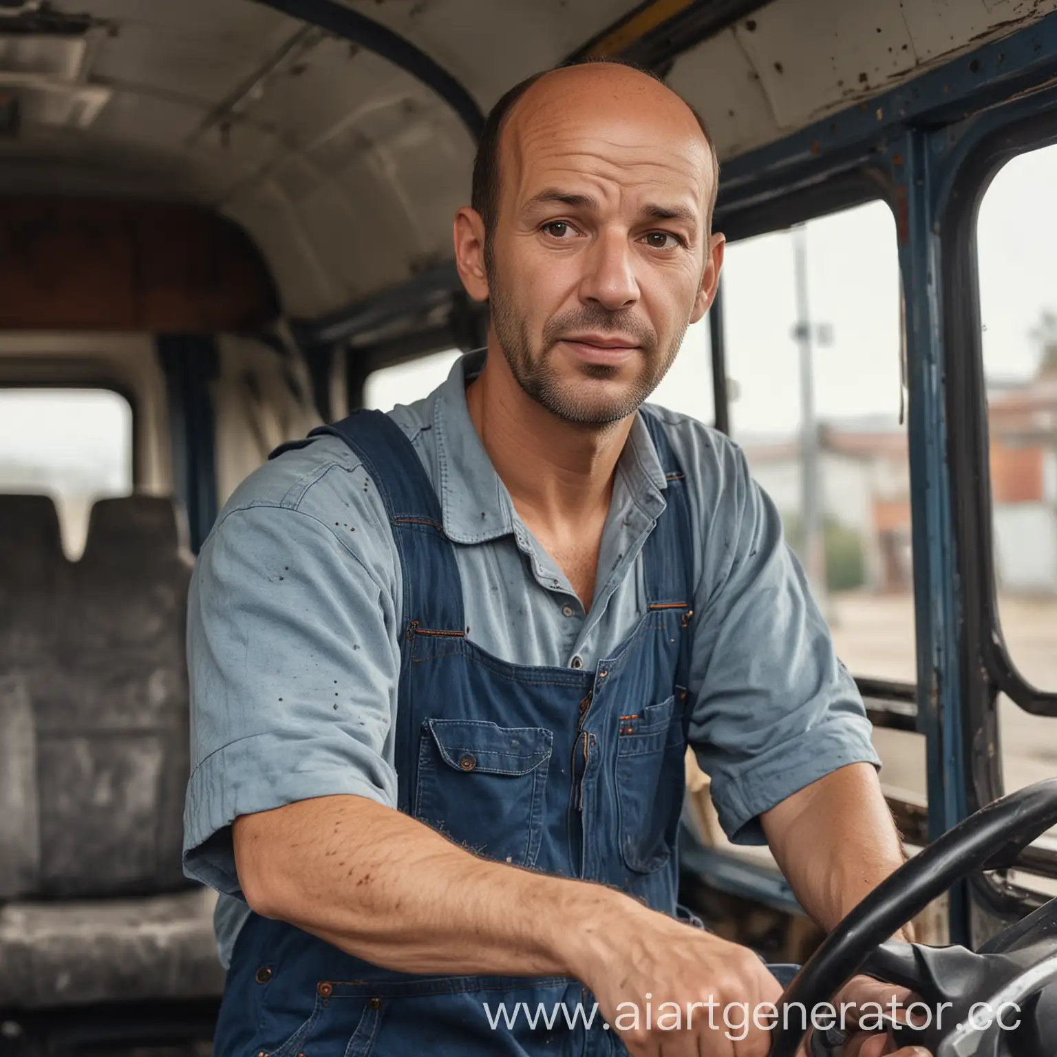 Friendly-Balding-Mechanic-Driving-Bus-in-Stained-Overalls