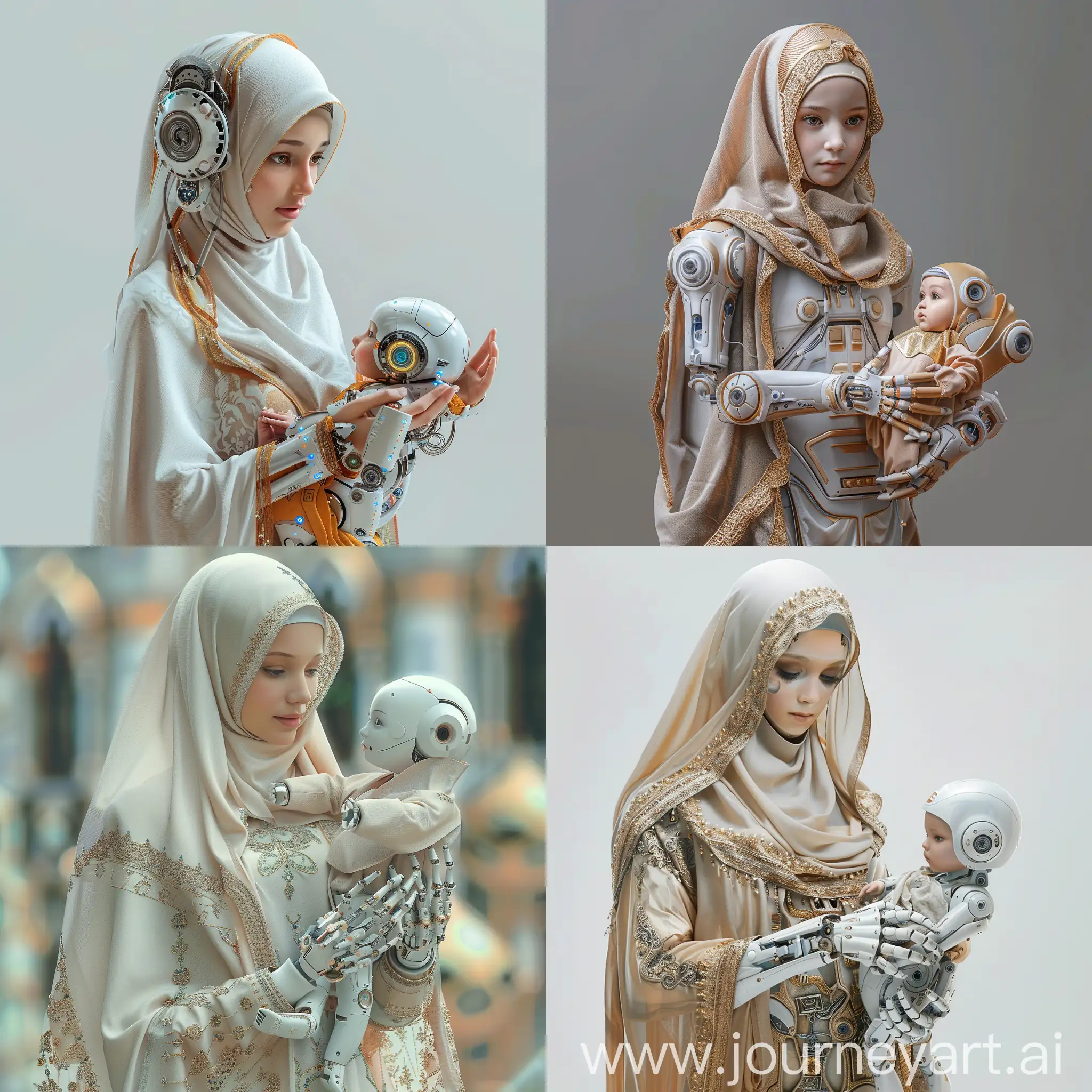 Young Muslim girl, dressed in beautiful Muslim clothes, she is fully robotic, holding a robot baby in her hands, high detail, hyperrealism